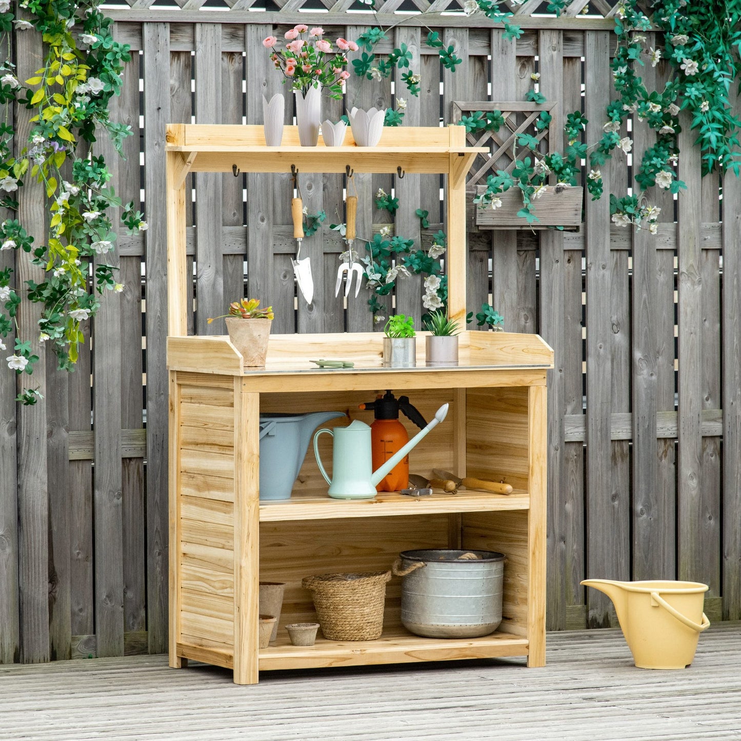 Potting Bench Table, Wooden Garden Workstation Bench with Galvanized Metal Tabletop, Storage Shelves and Hooks for Patios, Courtyards, Balcony