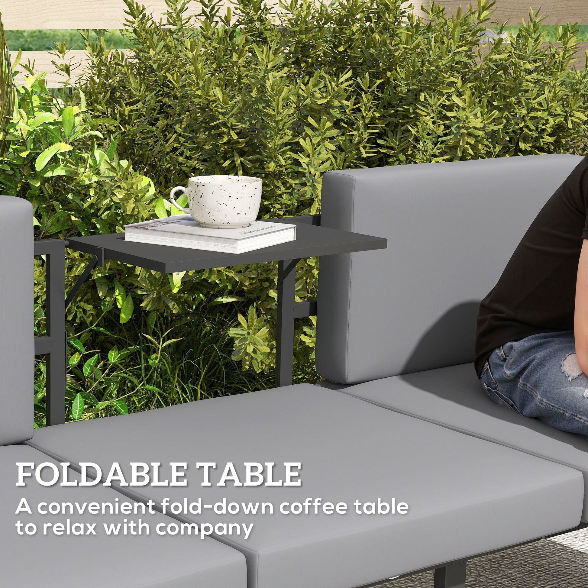 3-in-1 Convertible Outdoor Sofa, 3-Seater Outdoor Couch with Cushions, 5-Position Adjustable Reclining Lounge Chair, Patio Loveseat with Folding Center Table, Grey
