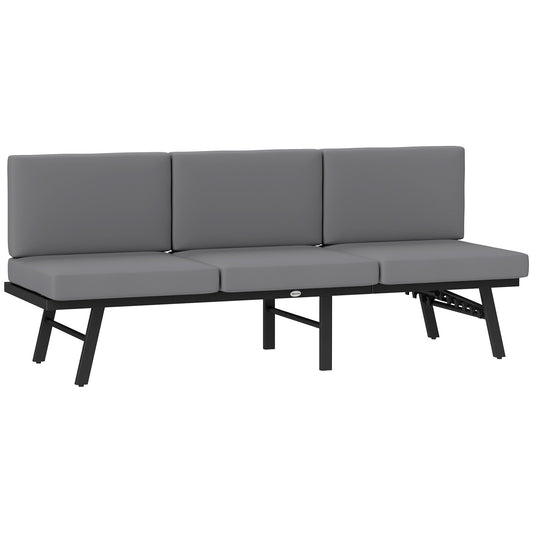 3-in-1 Convertible Outdoor Sofa, 3-Seater Outdoor Couch with Cushions, 5-Position Adjustable Reclining Lounge Chair, Patio Loveseat with Folding Center Table, Grey