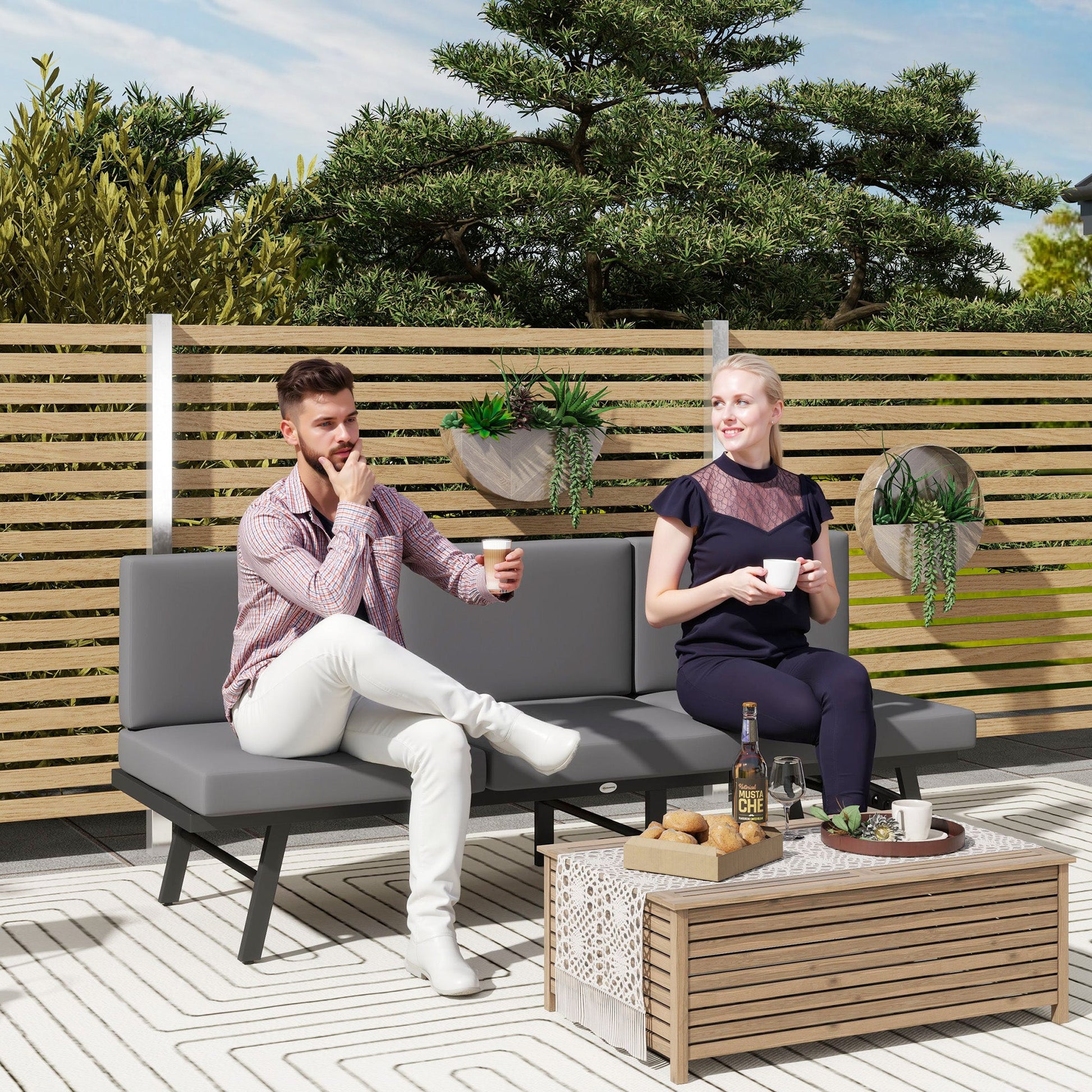 3-in-1 Convertible Outdoor Sofa, 3-Seater Outdoor Couch with Cushions, 5-Position Adjustable Reclining Lounge Chair, Patio Loveseat with Folding Center Table, Grey