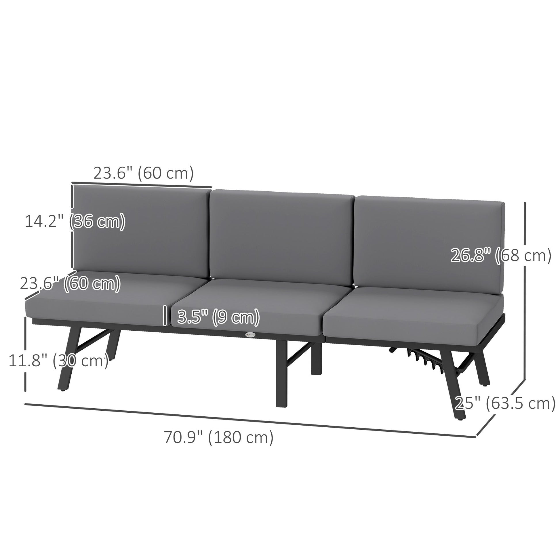 3-in-1 Convertible Outdoor Sofa, 3-Seater Outdoor Couch with Cushions, 5-Position Adjustable Reclining Lounge Chair, Patio Loveseat with Folding Center Table, Grey