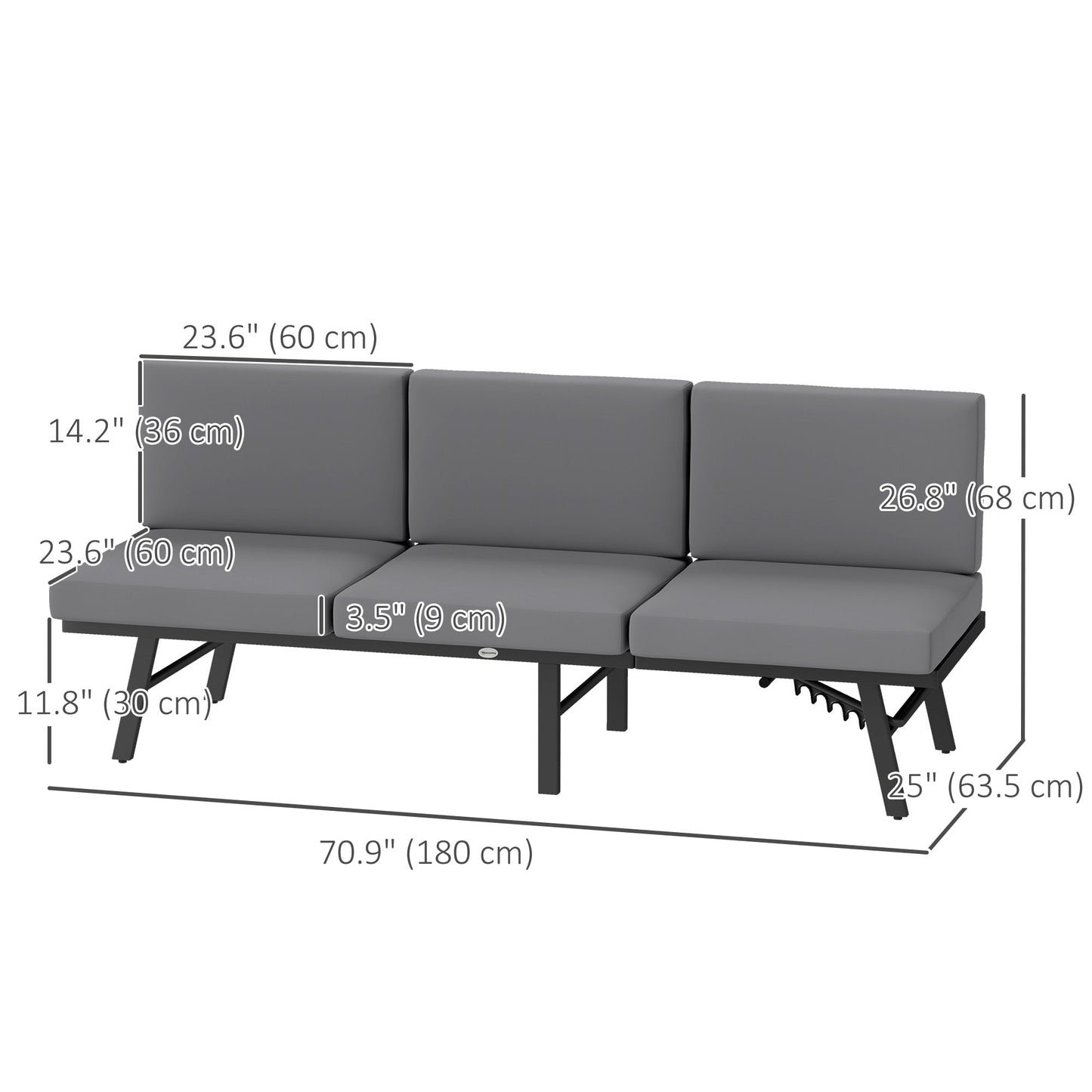 3-in-1 Convertible Outdoor Sofa, 3-Seater Outdoor Couch with Cushions, 5-Position Adjustable Reclining Lounge Chair, Patio Loveseat with Folding Center Table, Grey