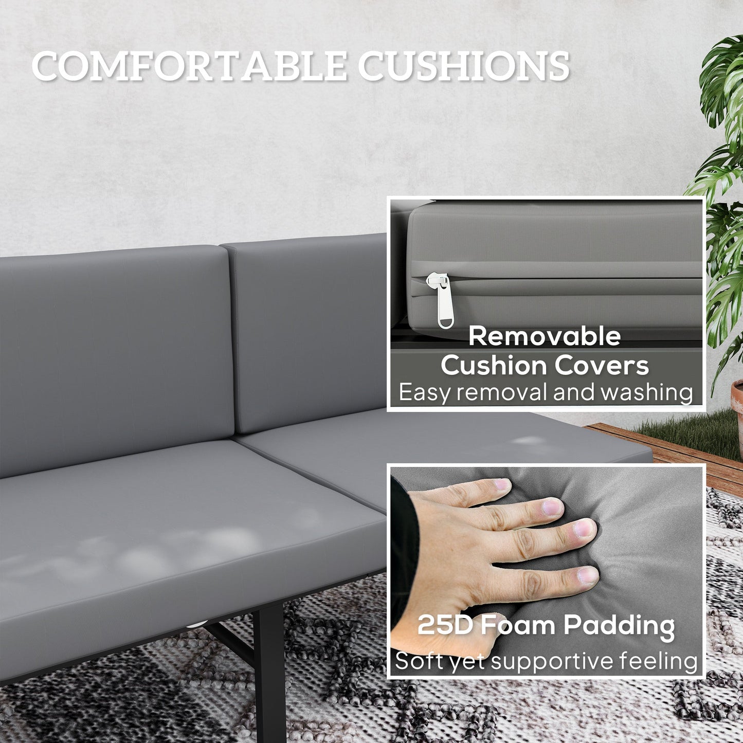 3-in-1 Convertible Outdoor Sofa, 3-Seater Outdoor Couch with Cushions, 5-Position Adjustable Reclining Lounge Chair, Patio Loveseat with Folding Center Table, Grey