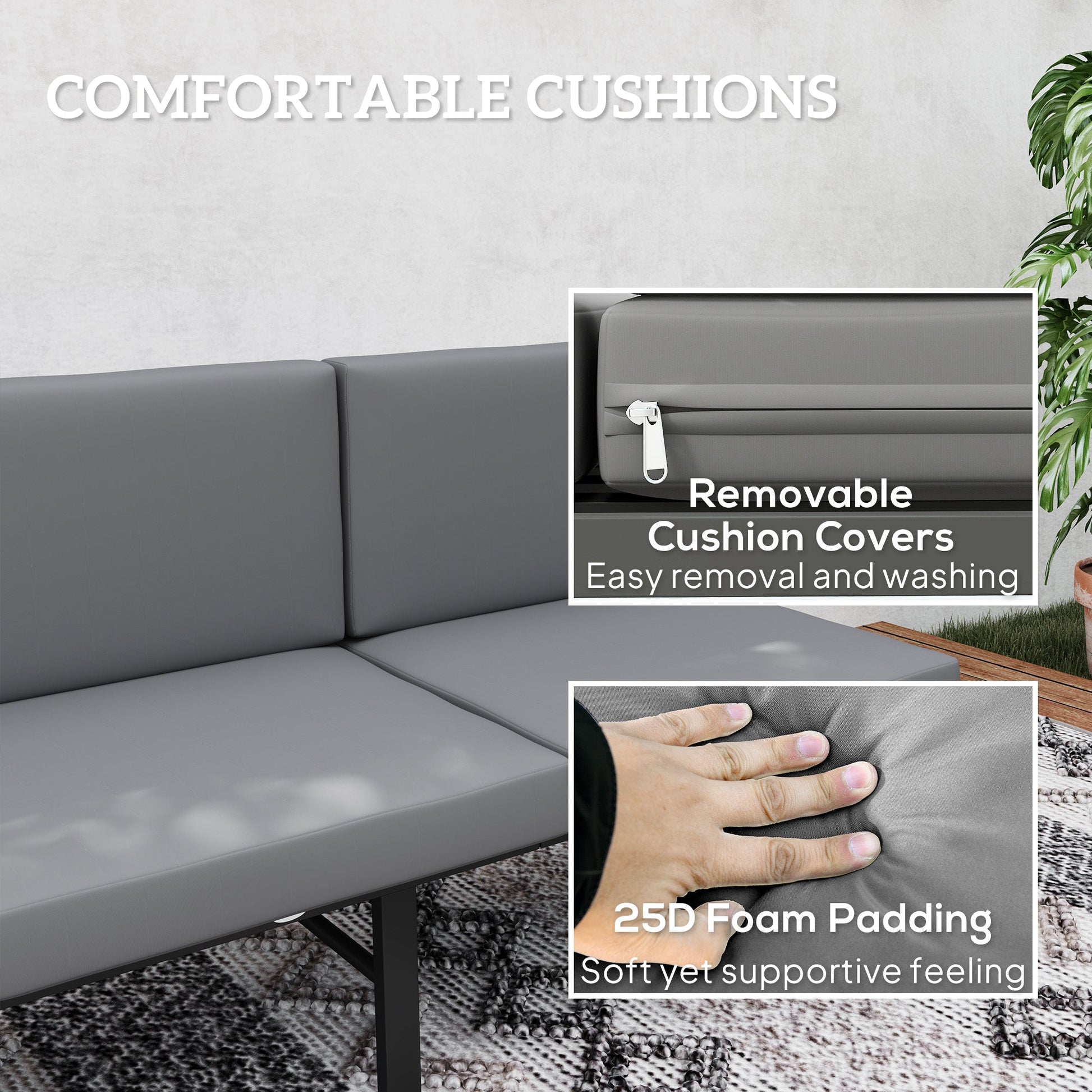 3-in-1 Convertible Outdoor Sofa, 3-Seater Outdoor Couch with Cushions, 5-Position Adjustable Reclining Lounge Chair, Patio Loveseat with Folding Center Table, Grey