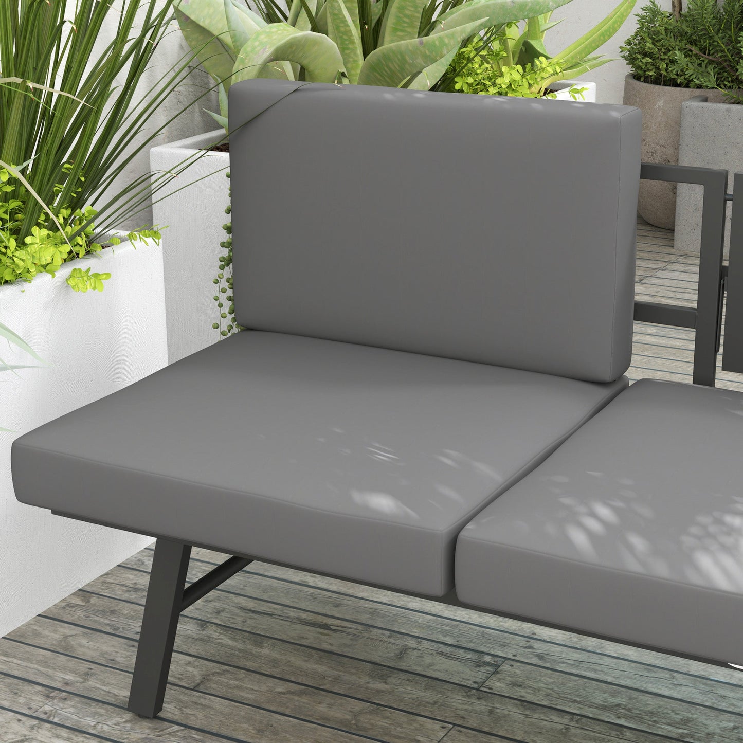 3-in-1 Convertible Outdoor Sofa, 3-Seater Outdoor Couch with Cushions, 5-Position Adjustable Reclining Lounge Chair, Patio Loveseat with Folding Center Table, Grey