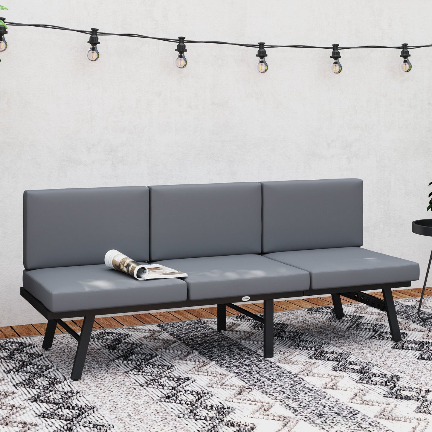 3-in-1 Convertible Outdoor Sofa, 3-Seater Outdoor Couch with Cushions, 5-Position Adjustable Reclining Lounge Chair, Patio Loveseat with Folding Center Table, Grey