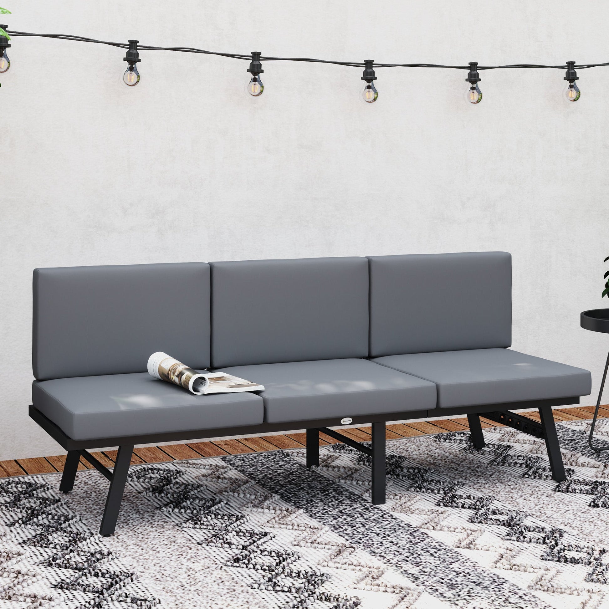 3-in-1 Convertible Outdoor Sofa, 3-Seater Outdoor Couch with Cushions, 5-Position Adjustable Reclining Lounge Chair, Patio Loveseat with Folding Center Table, Grey