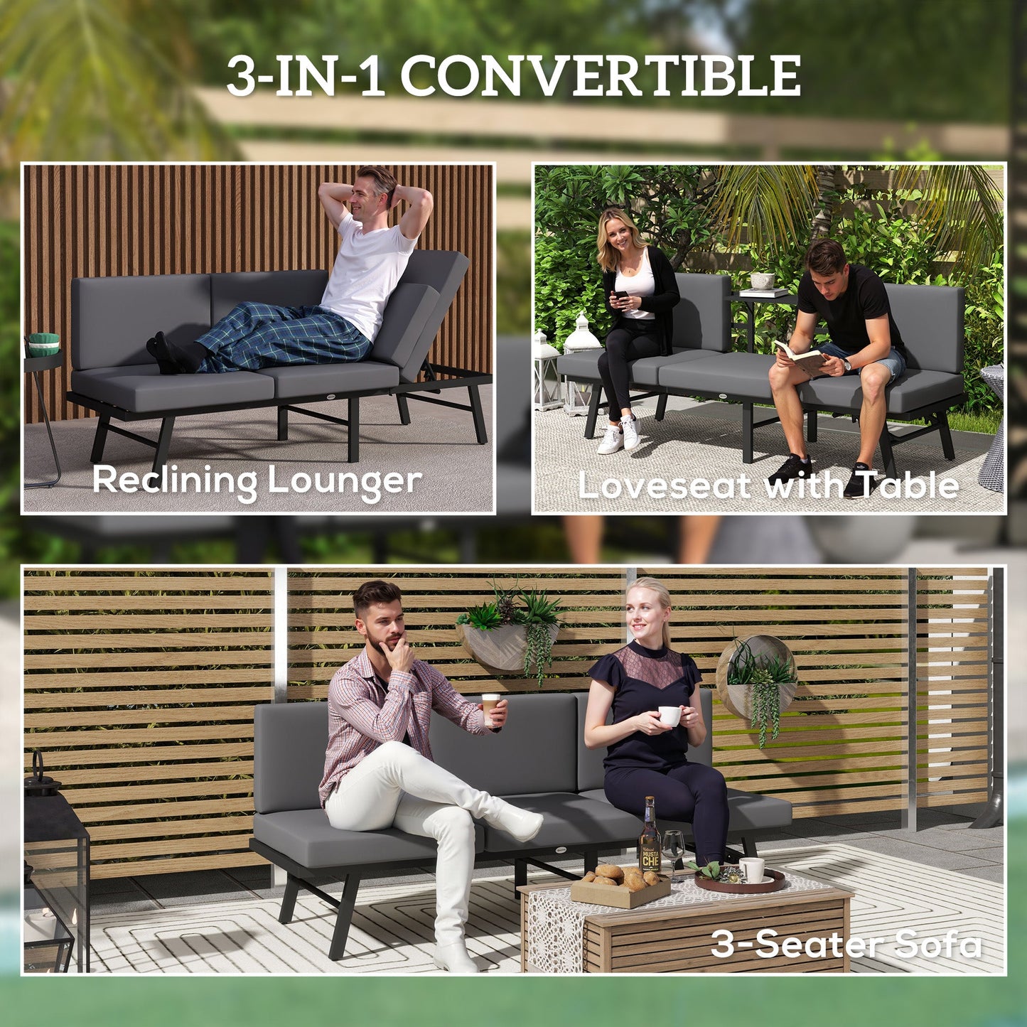 3-in-1 Convertible Outdoor Sofa, 3-Seater Outdoor Couch with Cushions, 5-Position Adjustable Reclining Lounge Chair, Patio Loveseat with Folding Center Table, Grey