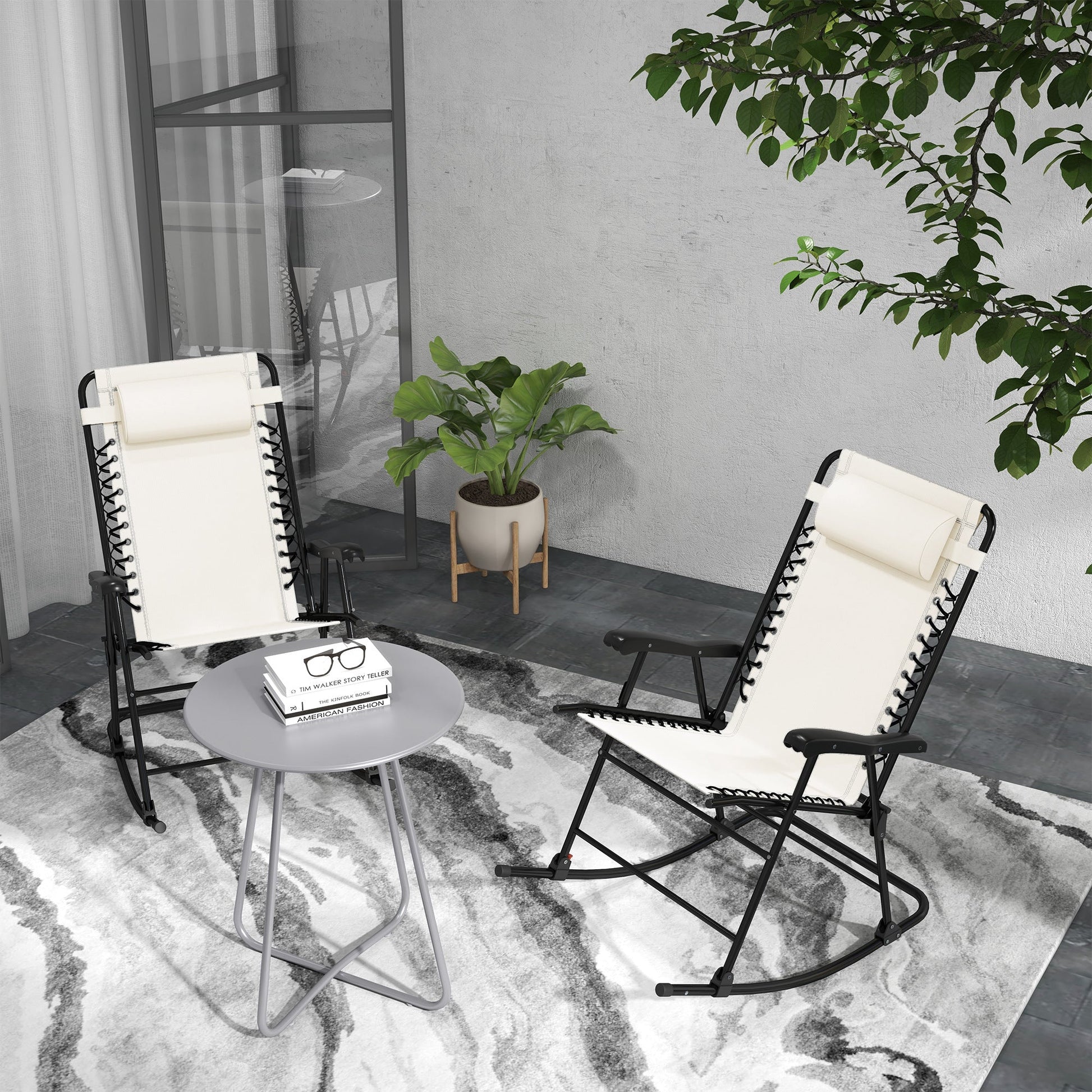 2pc Patio Foldable Rocking Chair Set w/ Breathable Mesh Seat & Backrest, Padded Headrest for Park, Backyard, Garden, Cream White