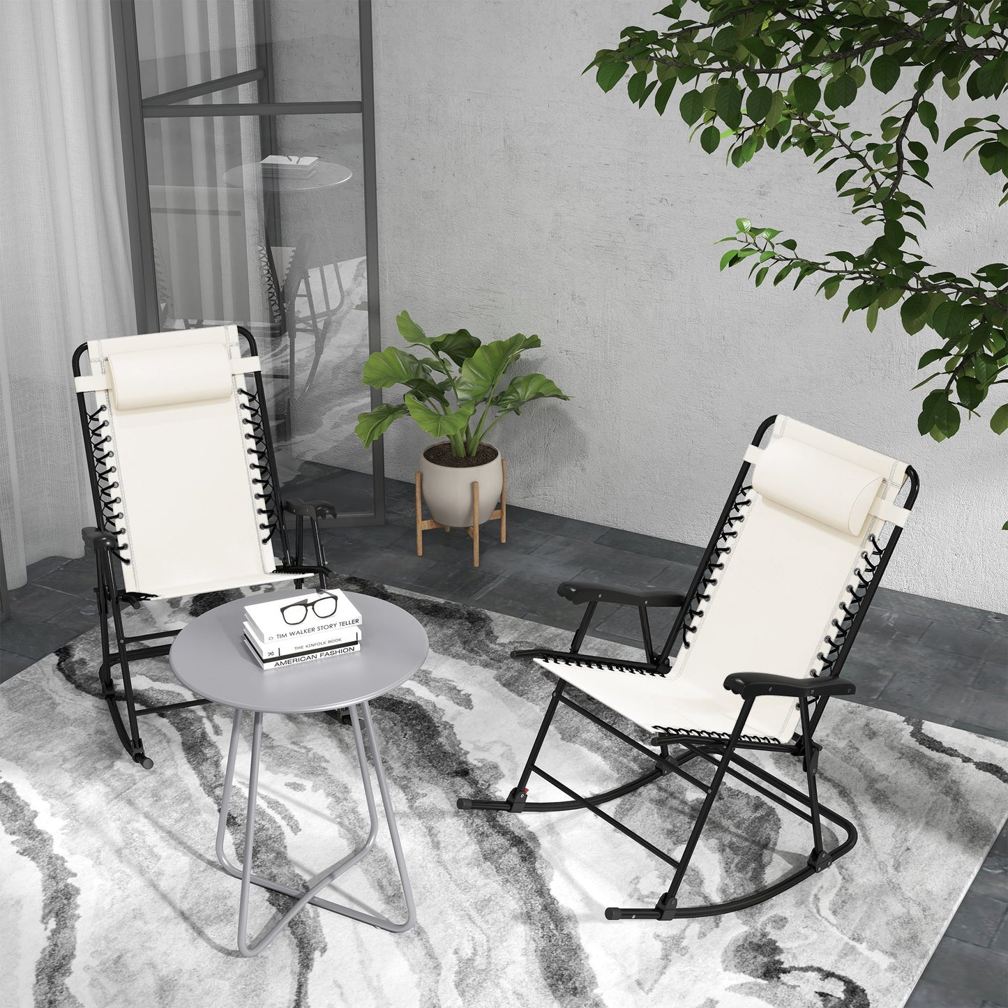 2pc Patio Foldable Rocking Chair Set w/ Breathable Mesh Seat & Backrest, Padded Headrest for Park, Backyard, Garden, Cream White