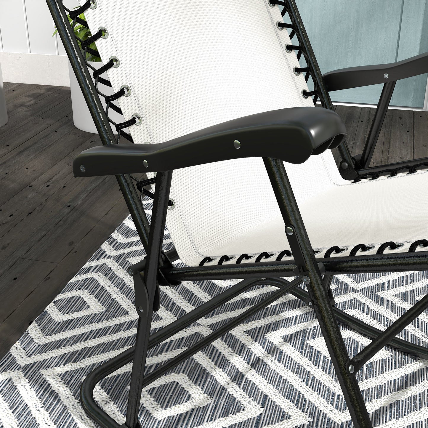 2pc Patio Foldable Rocking Chair Set w/ Breathable Mesh Seat & Backrest, Padded Headrest for Park, Backyard, Garden, Cream White