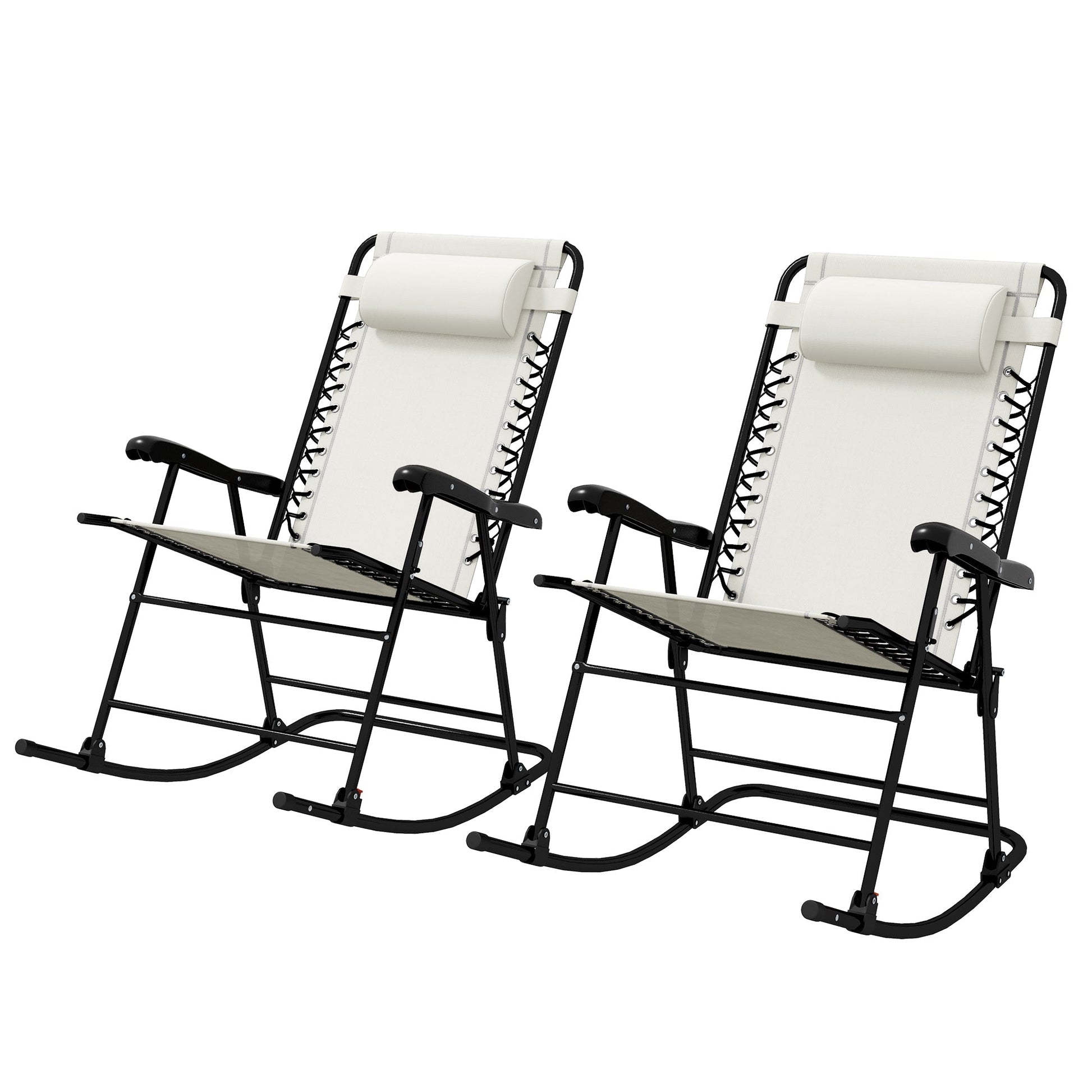2pc Patio Foldable Rocking Chair Set w/ Breathable Mesh Seat & Backrest, Padded Headrest for Park, Backyard, Garden, Cream White