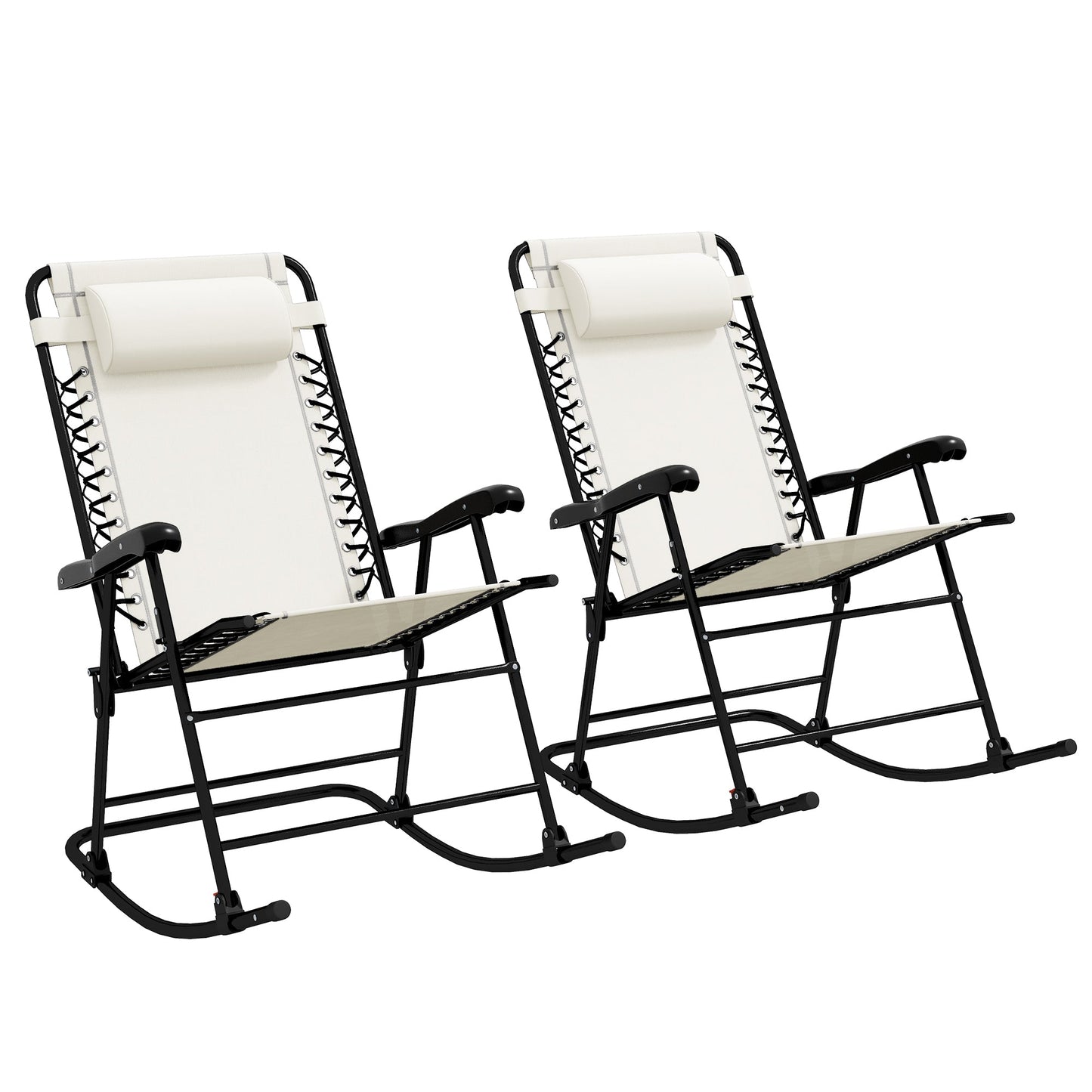2pc Patio Foldable Rocking Chair Set w/ Breathable Mesh Seat & Backrest, Padded Headrest for Park, Backyard, Garden, Cream White