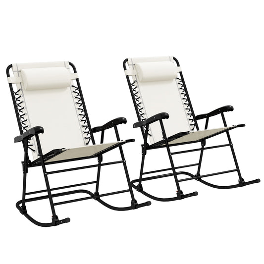 2pc Patio Foldable Rocking Chair Set w/ Breathable Mesh Seat & Backrest, Padded Headrest for Park, Backyard, Garden, Cream White
