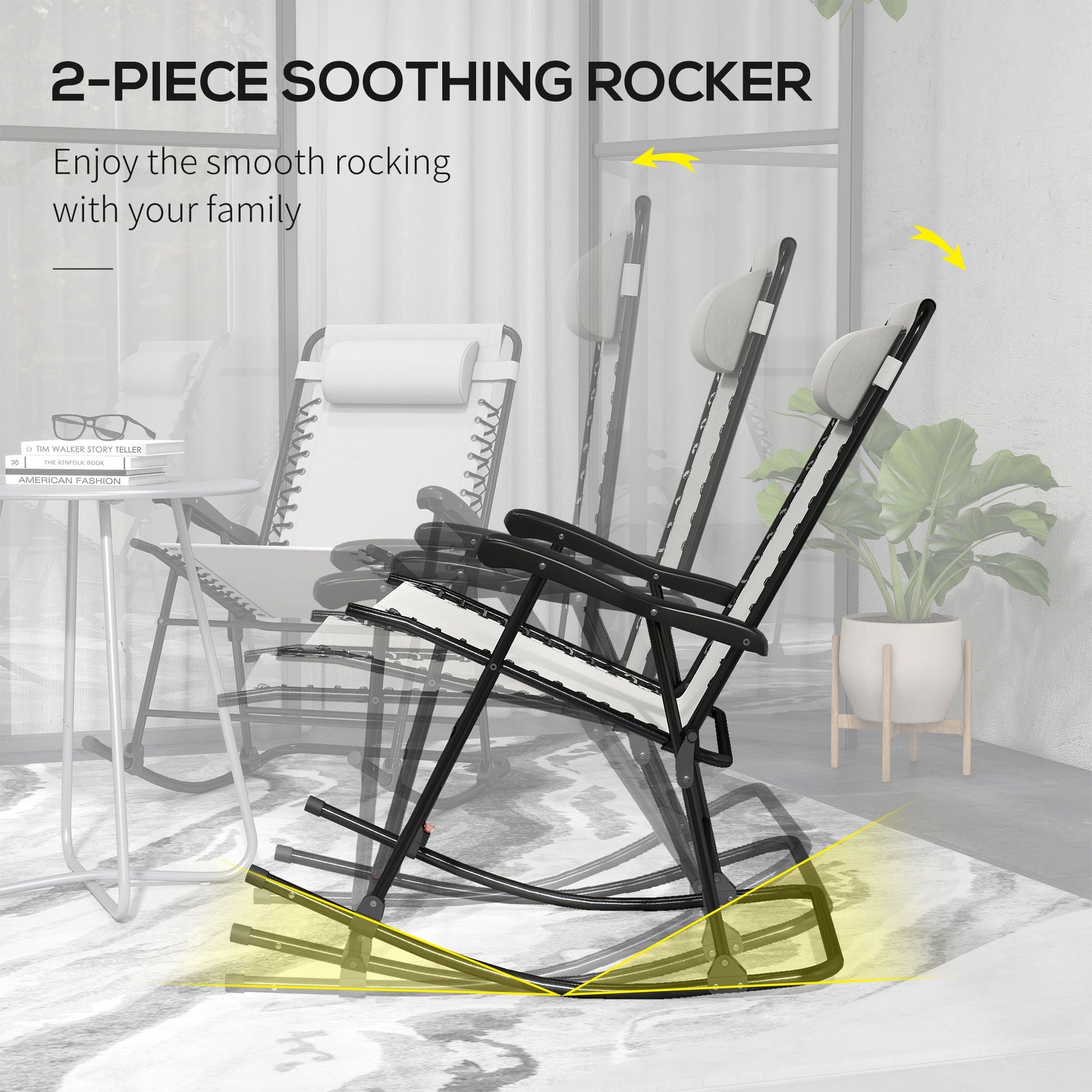 2pc Patio Foldable Rocking Chair Set w/ Breathable Mesh Seat & Backrest, Padded Headrest for Park, Backyard, Garden, Cream White