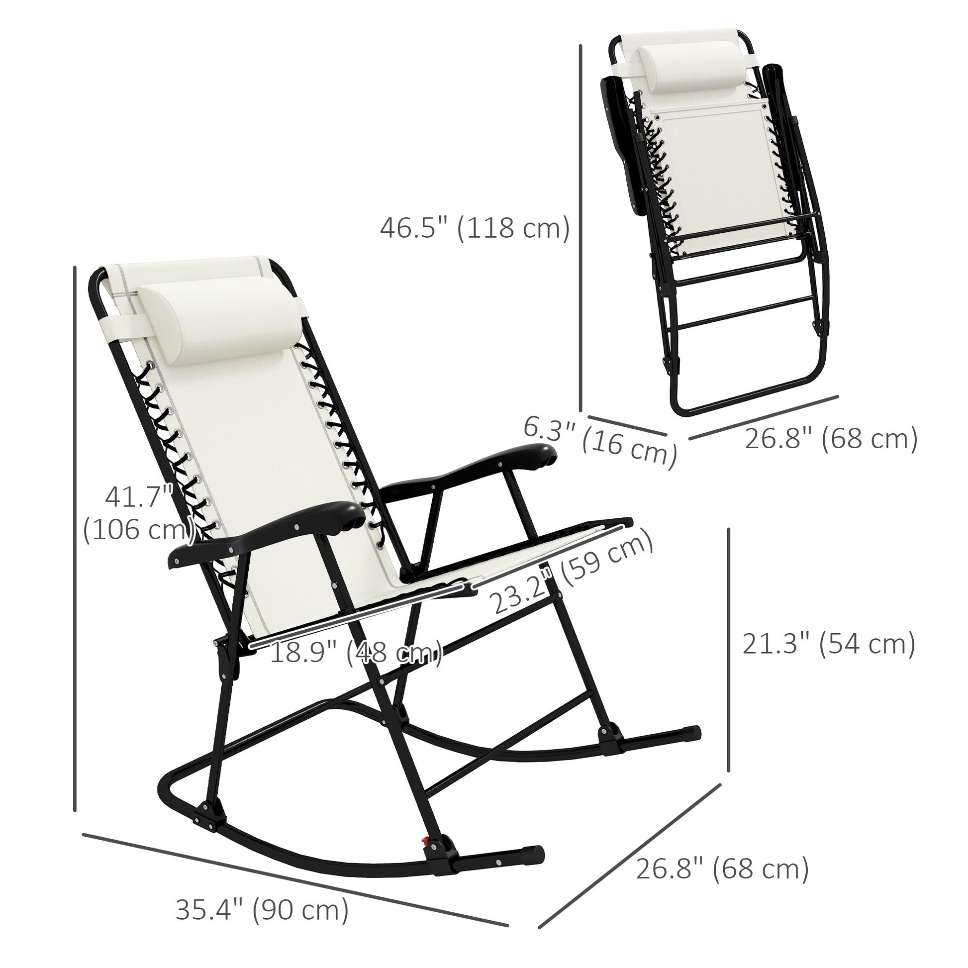 2pc Patio Foldable Rocking Chair Set w/ Breathable Mesh Seat & Backrest, Padded Headrest for Park, Backyard, Garden, Cream White