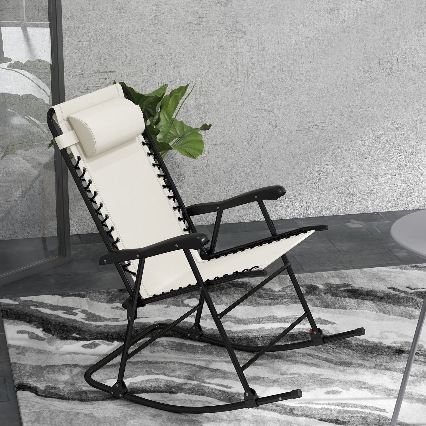 2pc Patio Foldable Rocking Chair Set w/ Breathable Mesh Seat & Backrest, Padded Headrest for Park, Backyard, Garden, Cream White