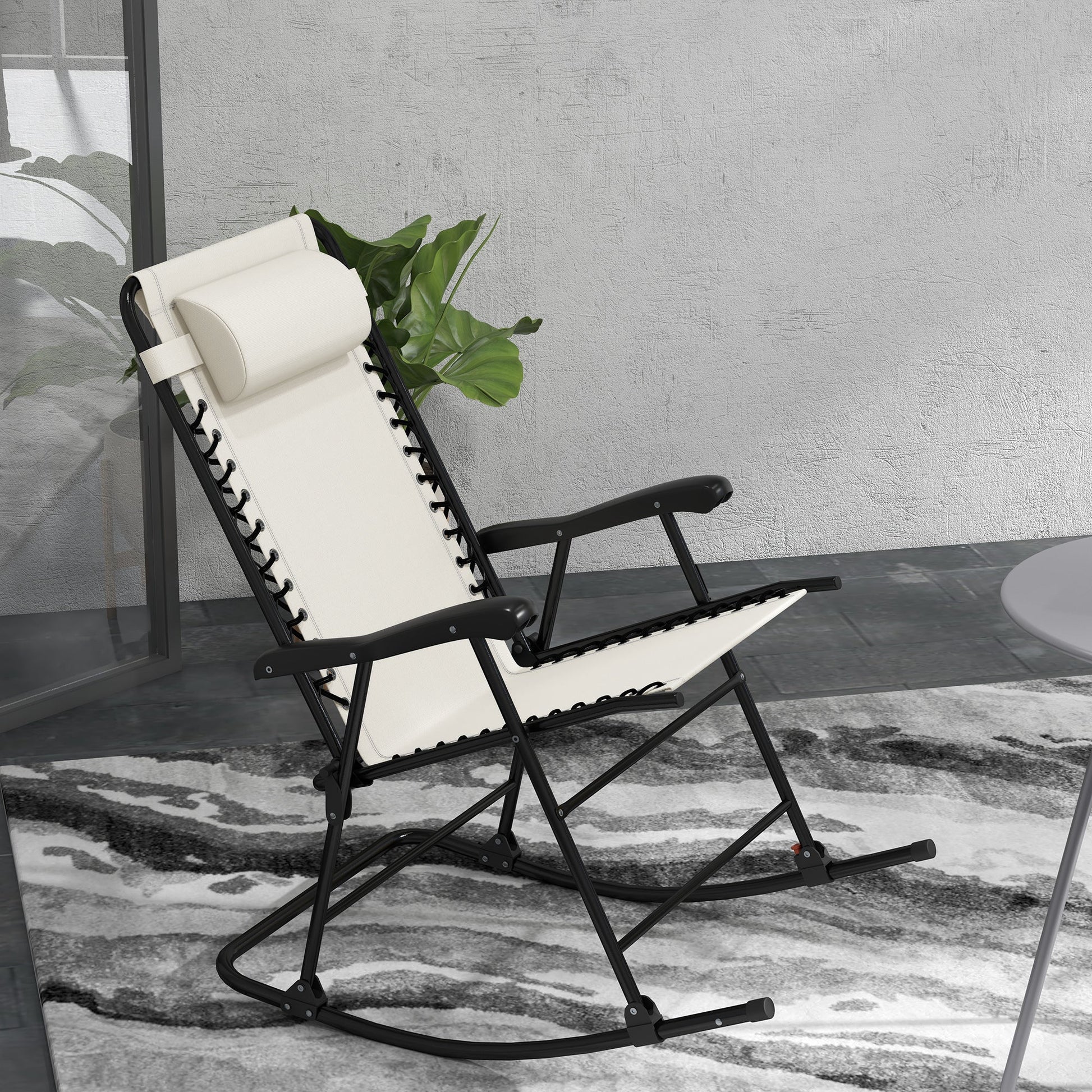 2pc Patio Foldable Rocking Chair Set w/ Breathable Mesh Seat & Backrest, Padded Headrest for Park, Backyard, Garden, Cream White