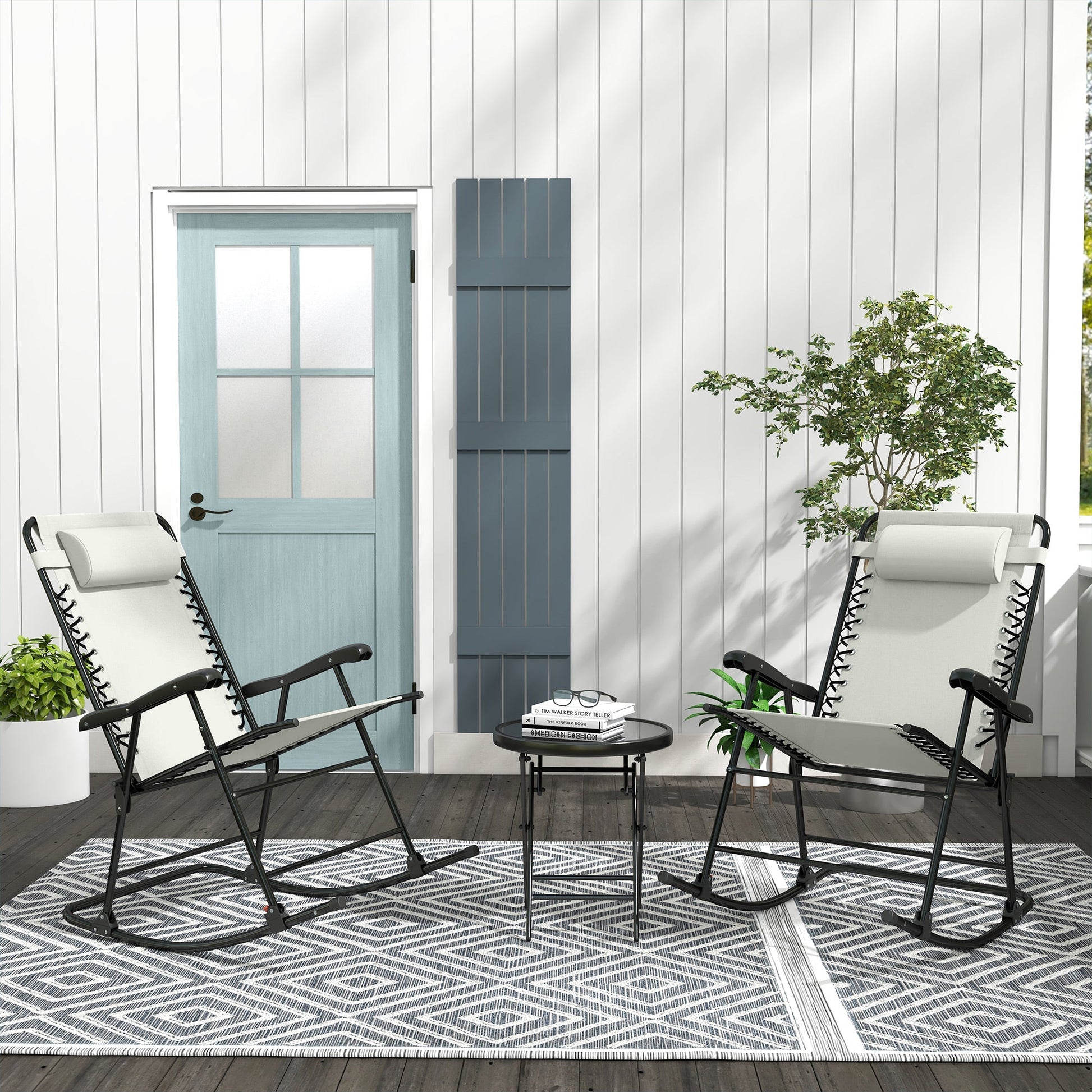 2pc Patio Foldable Rocking Chair Set w/ Breathable Mesh Seat & Backrest, Padded Headrest for Park, Backyard, Garden, Cream White