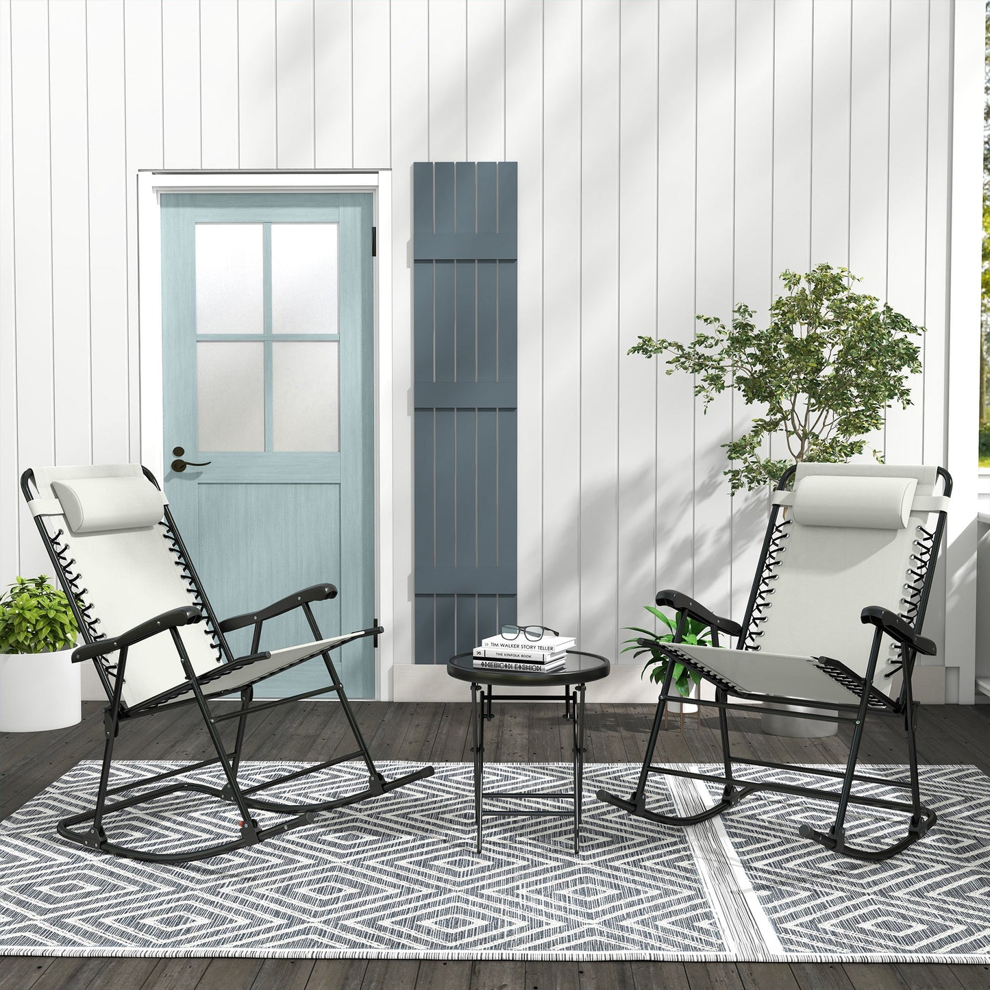 2pc Patio Foldable Rocking Chair Set w/ Breathable Mesh Seat & Backrest, Padded Headrest for Park, Backyard, Garden, Cream White