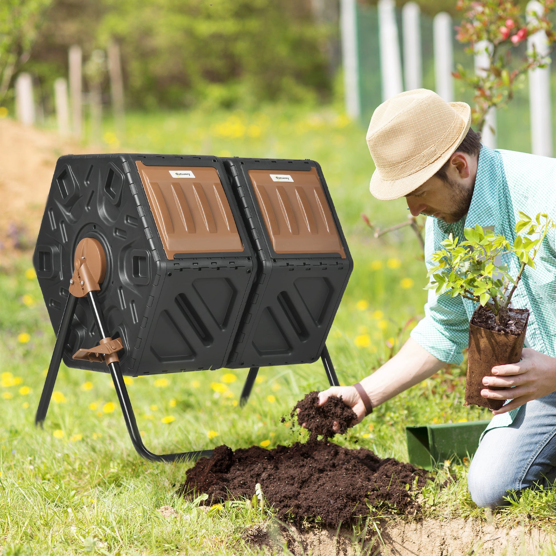 34.5 Gallon Dual Chamber Compost Bin, Rotating Composter, Compost Tumbler with 24 Ventilation Openings and Steel Legs, Brown