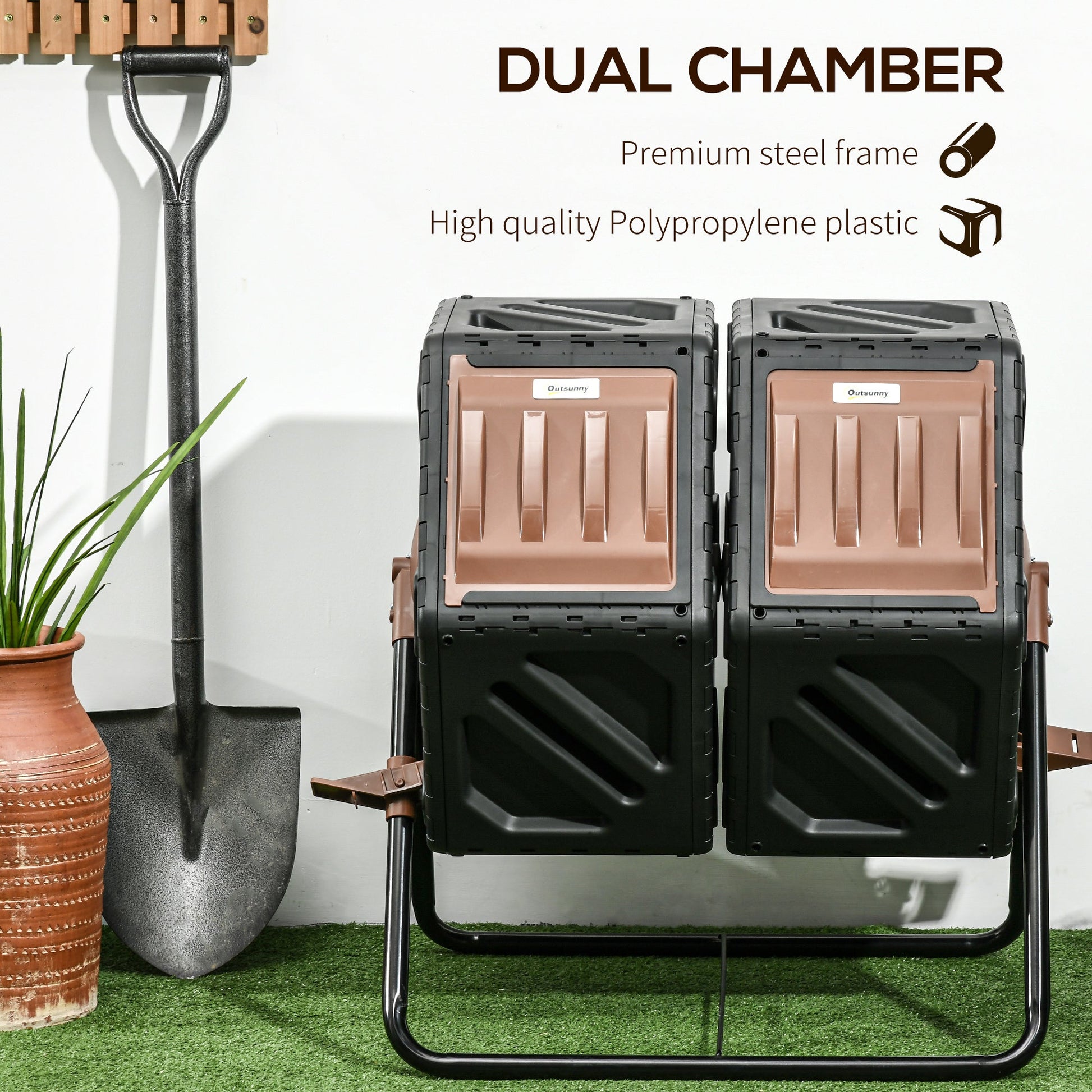 34.5 Gallon Dual Chamber Compost Bin, Rotating Composter, Compost Tumbler with 24 Ventilation Openings and Steel Legs, Brown