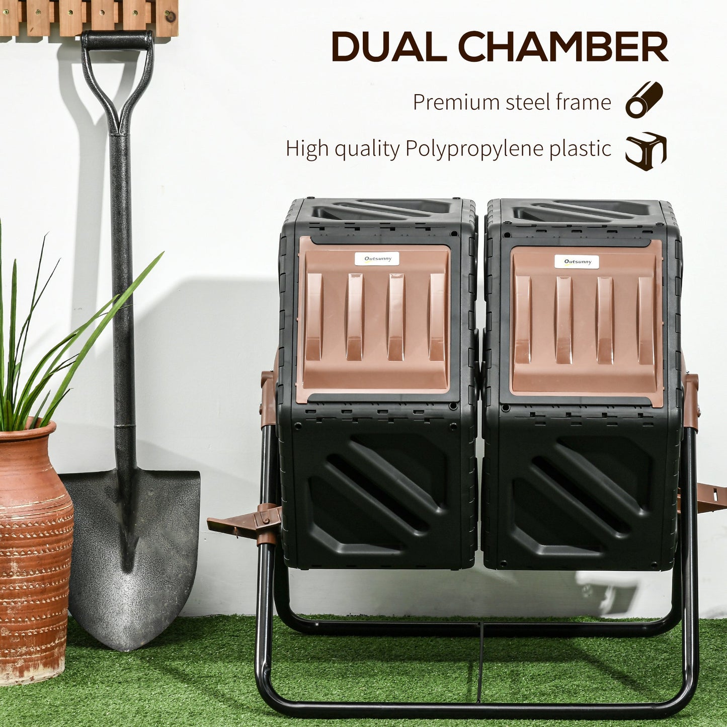 34.5 Gallon Dual Chamber Compost Bin, Rotating Composter, Compost Tumbler with 24 Ventilation Openings and Steel Legs, Brown