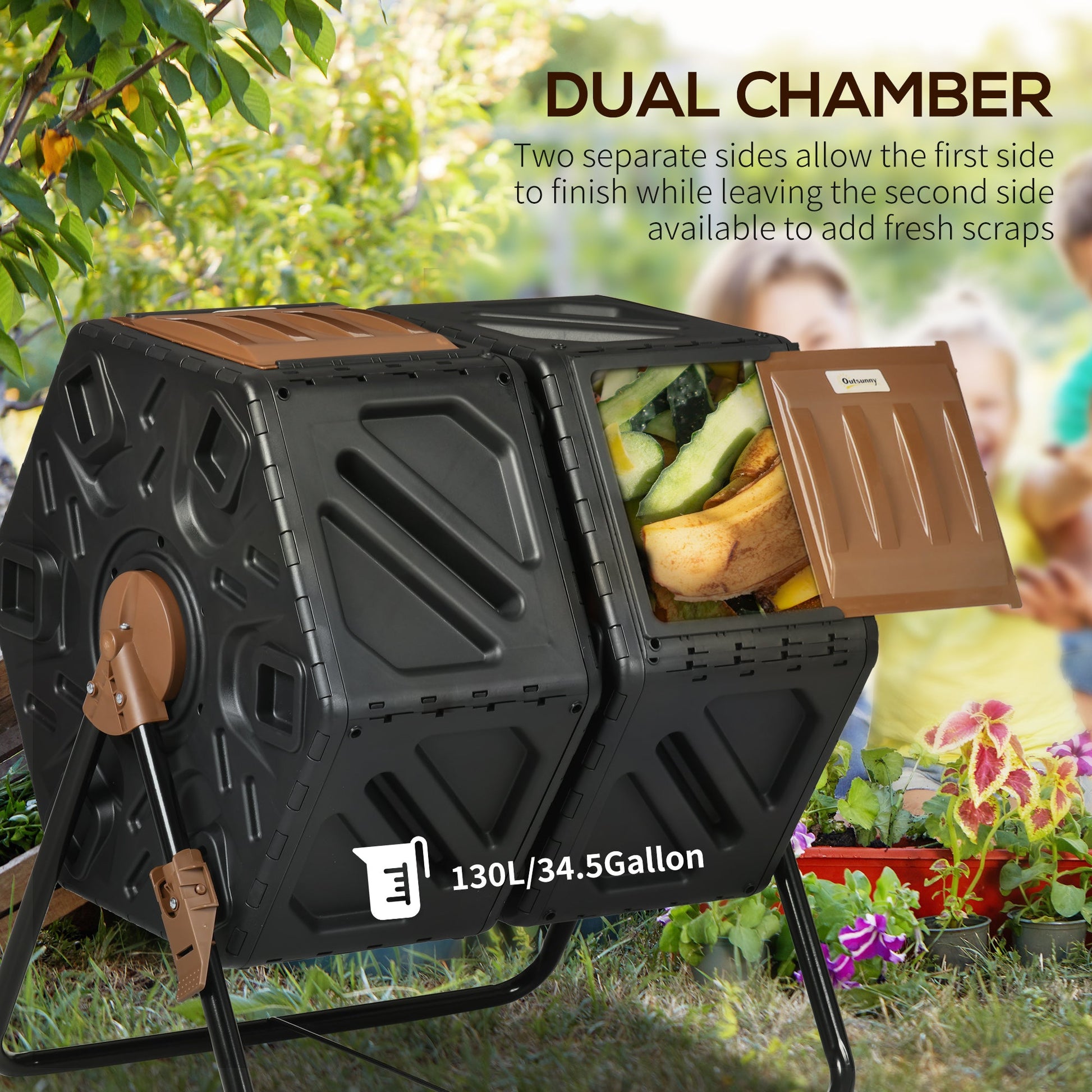34.5 Gallon Dual Chamber Compost Bin, Rotating Composter, Compost Tumbler with 24 Ventilation Openings and Steel Legs, Brown