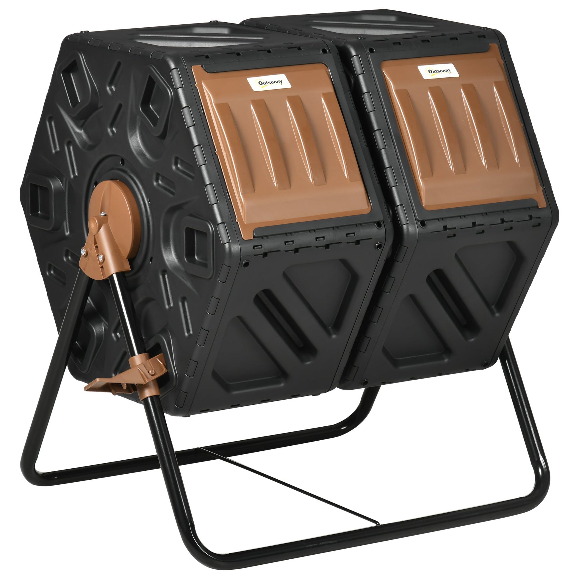 34.5 Gallon Dual Chamber Compost Bin, Rotating Composter, Compost Tumbler with 24 Ventilation Openings and Steel Legs, Brown