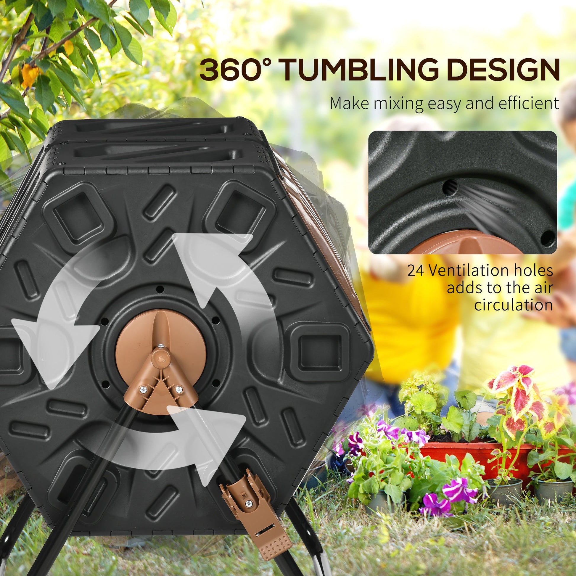 34.5 Gallon Dual Chamber Compost Bin, Rotating Composter, Compost Tumbler with 24 Ventilation Openings and Steel Legs, Brown