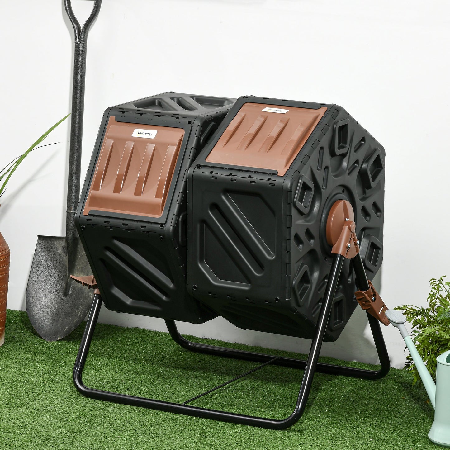 34.5 Gallon Dual Chamber Compost Bin, Rotating Composter, Compost Tumbler with 24 Ventilation Openings and Steel Legs, Brown
