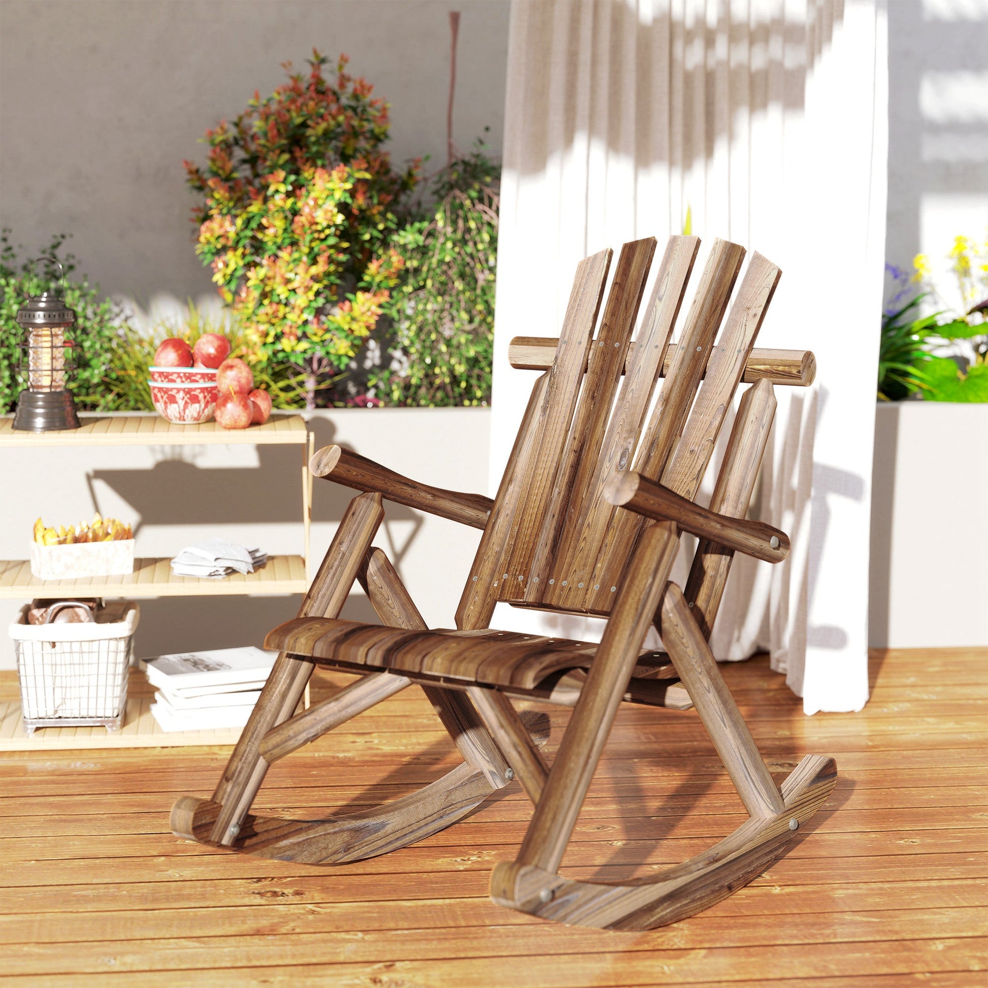 Outdoor Rocking Chair, Wooden Adirondack Outdoor Rocker with High Back and Slatted Seat, Oversized Rustic Patio Rocking Chair for Garden, Porch, Yard, Balcony, Carbonized
