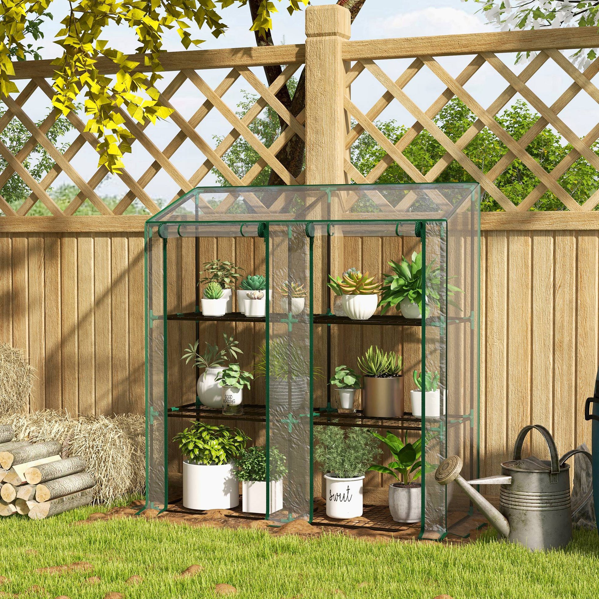 Lean-to Mini Greenhouse with 3 Tier Shelves, Portable Green House with 2 Roll-up Doors, Garden Plant Grow Hot House for Indoor Outdoor, 56.3"x18.1"x59.4", Clear