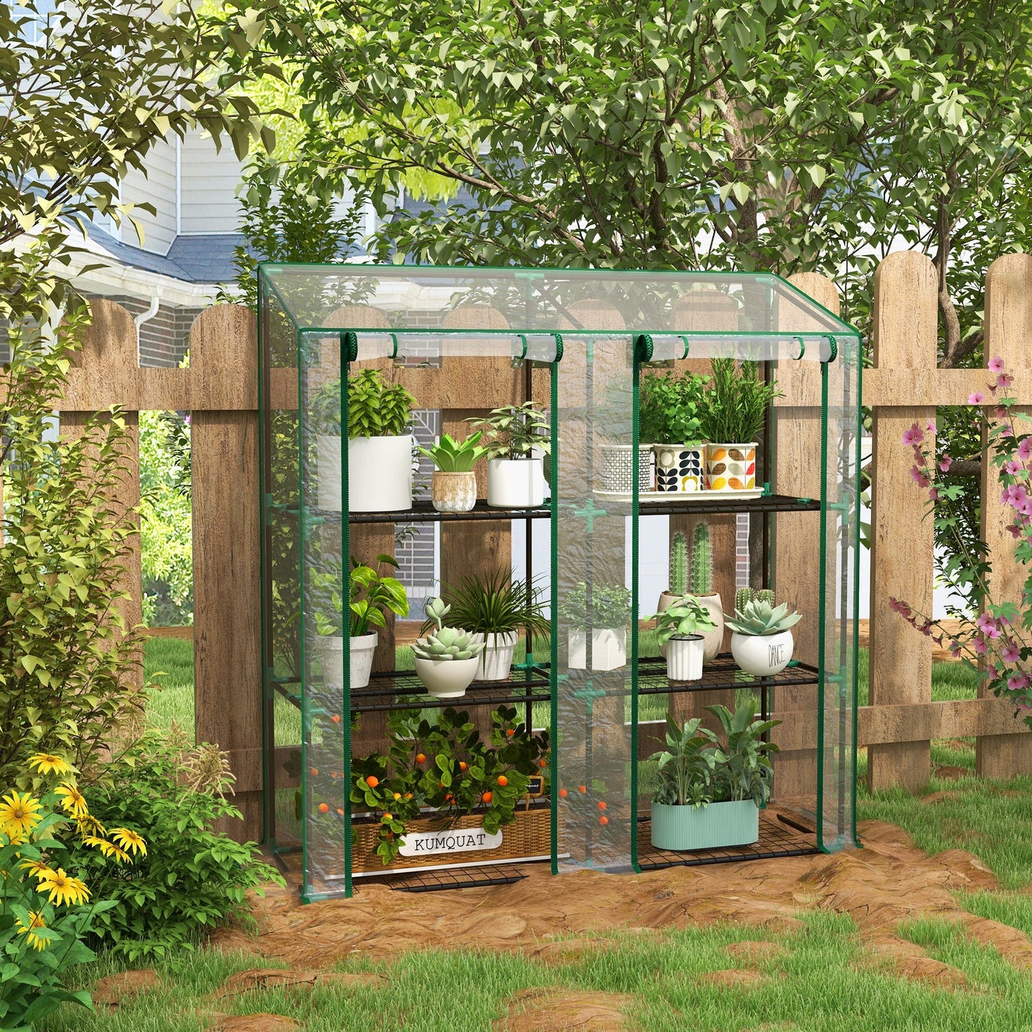 Lean-to Mini Greenhouse with 3 Tier Shelves, Portable Green House with 2 Roll-up Doors, Garden Plant Grow Hot House for Indoor Outdoor, 56.3"x18.1"x59.4", Clear