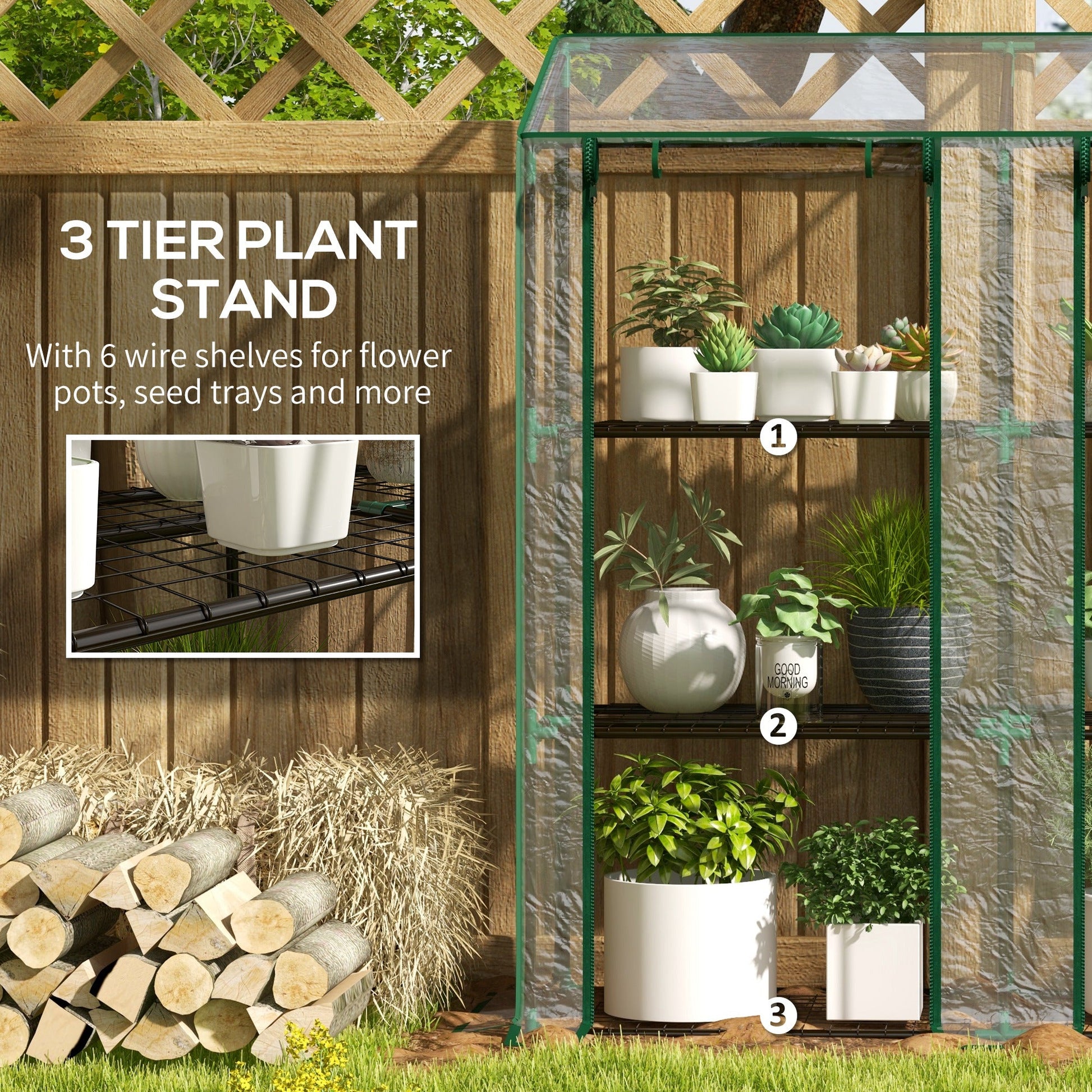 Lean-to Mini Greenhouse with 3 Tier Shelves, Portable Green House with 2 Roll-up Doors, Garden Plant Grow Hot House for Indoor Outdoor, 56.3"x18.1"x59.4", Clear