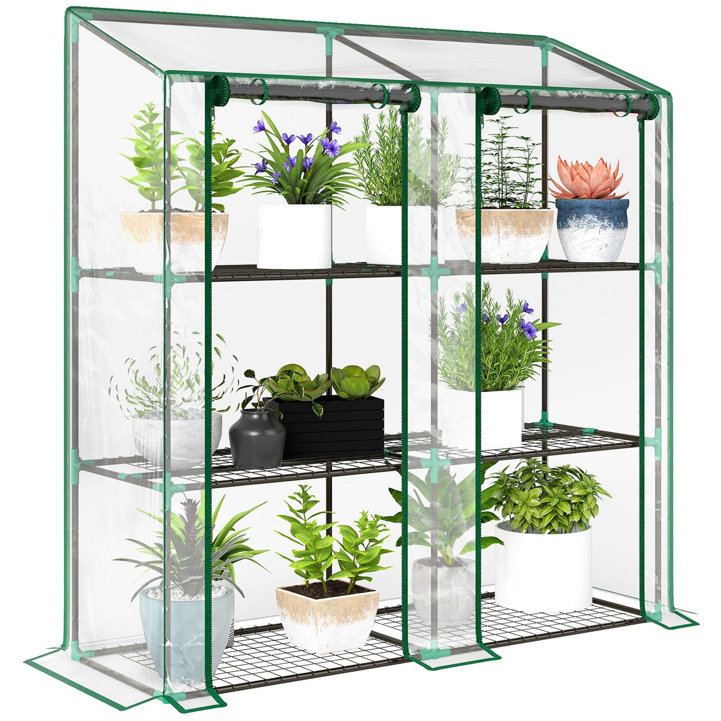 Lean-to Mini Greenhouse with 3 Tier Shelves, Portable Green House with 2 Roll-up Doors, Garden Plant Grow Hot House for Indoor Outdoor, 56.3"x18.1"x59.4", Clear