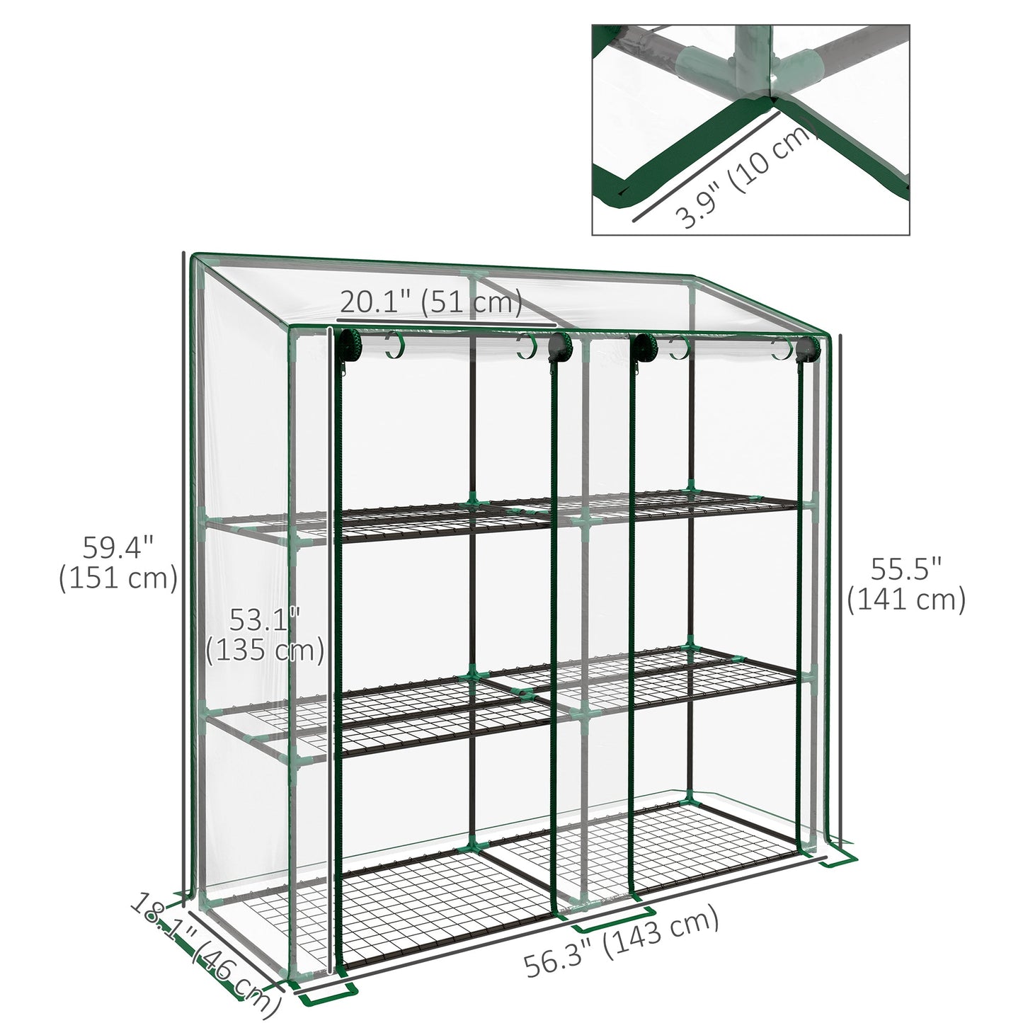 Lean-to Mini Greenhouse with 3 Tier Shelves, Portable Green House with 2 Roll-up Doors, Garden Plant Grow Hot House for Indoor Outdoor, 56.3"x18.1"x59.4", Clear