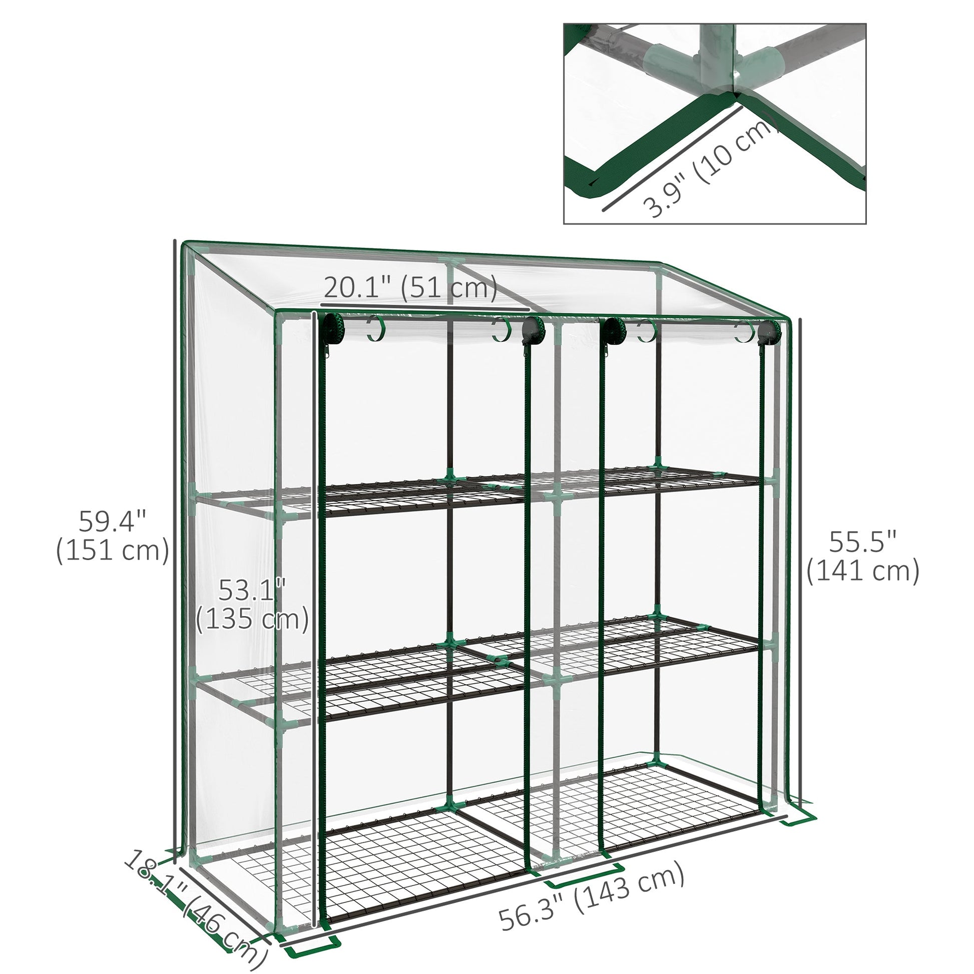 Lean-to Mini Greenhouse with 3 Tier Shelves, Portable Green House with 2 Roll-up Doors, Garden Plant Grow Hot House for Indoor Outdoor, 56.3"x18.1"x59.4", Clear