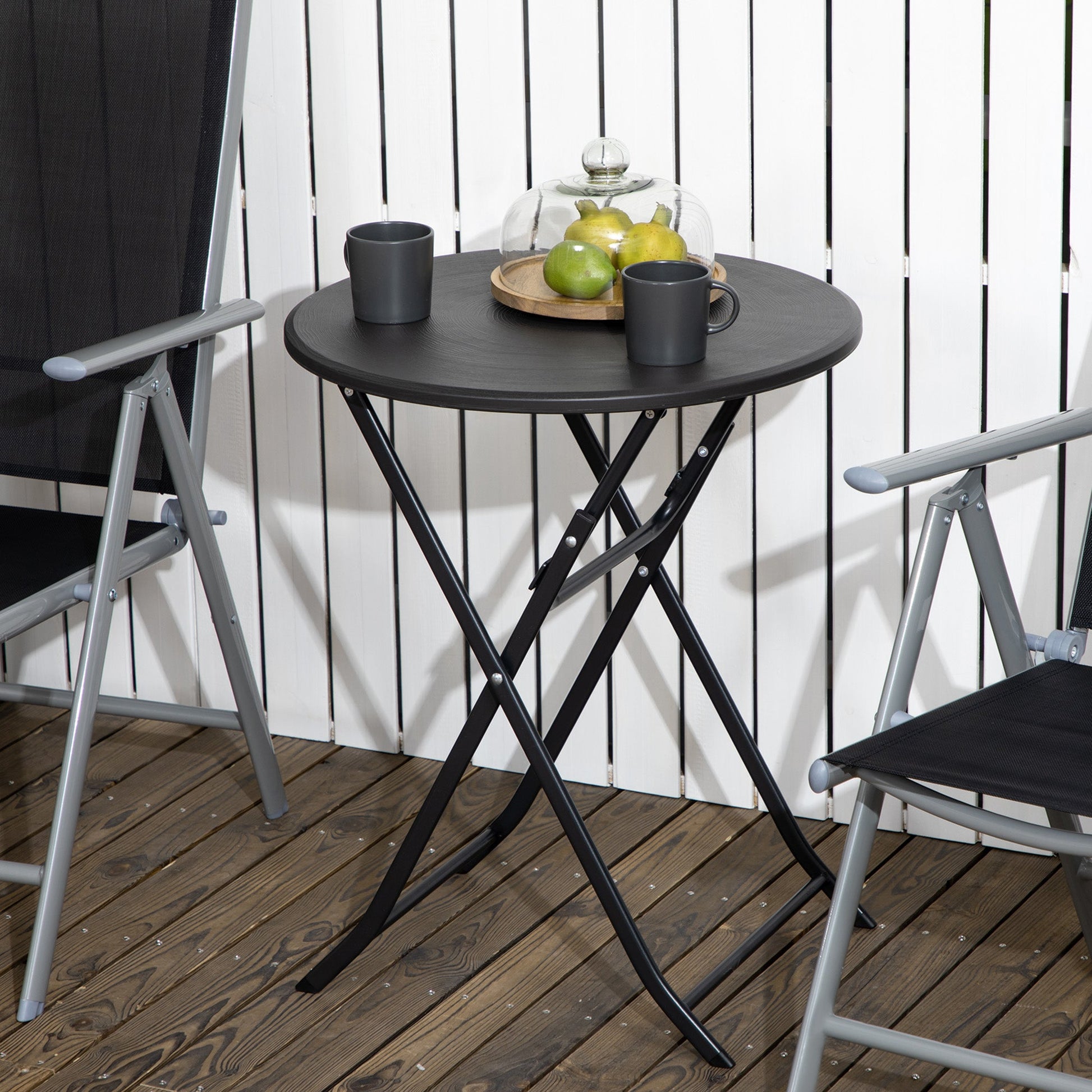 Folding Outdoor Coffee Table, 23.6" Round Outdoor Patio Table with Wood-Effect HDPE Top and Steel Frame for Balcony, Garden, Backyard, Dark Grey
