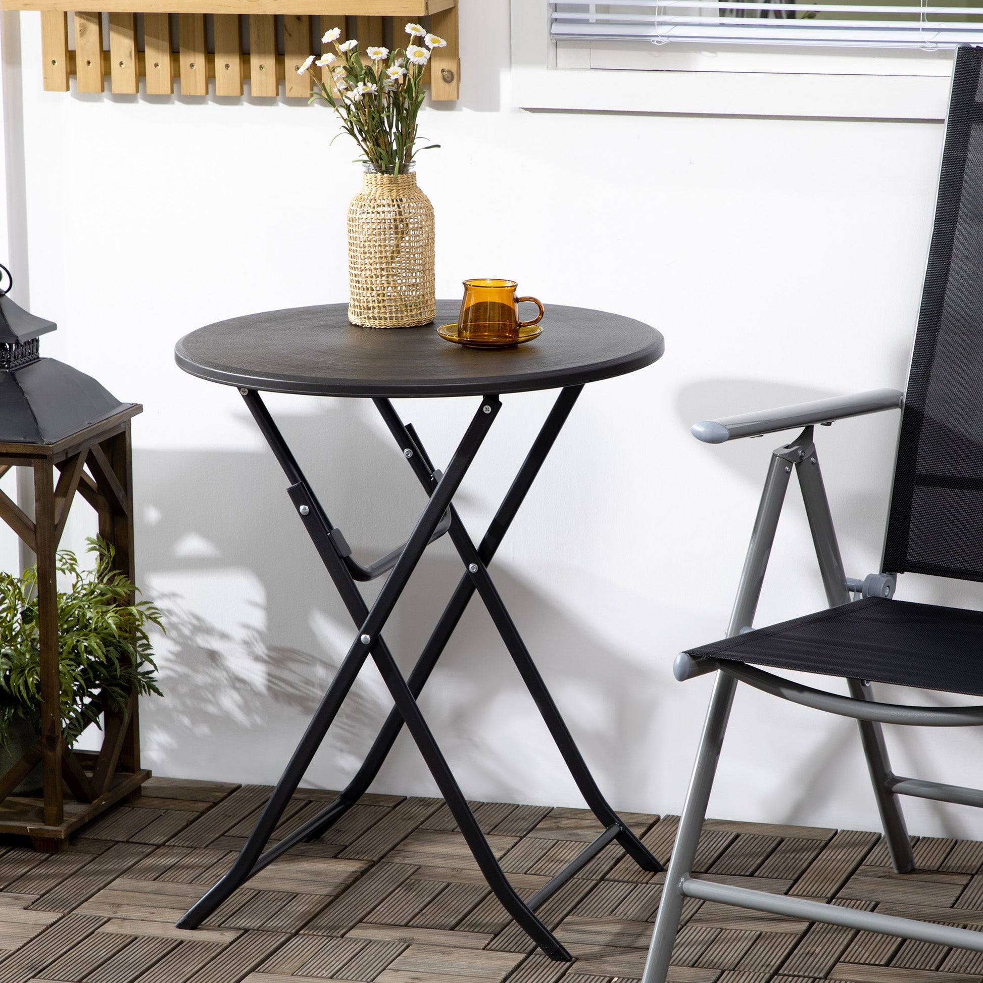 Folding Outdoor Coffee Table, 23.6" Round Outdoor Patio Table with Wood-Effect HDPE Top and Steel Frame for Balcony, Garden, Backyard, Dark Grey