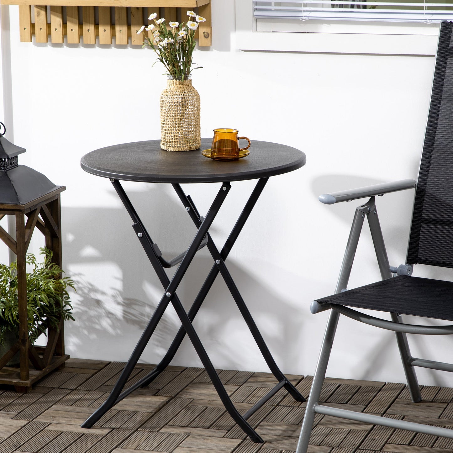 Folding Outdoor Coffee Table, 23.6" Round Outdoor Patio Table with Wood-Effect HDPE Top and Steel Frame for Balcony, Garden, Backyard, Dark Grey