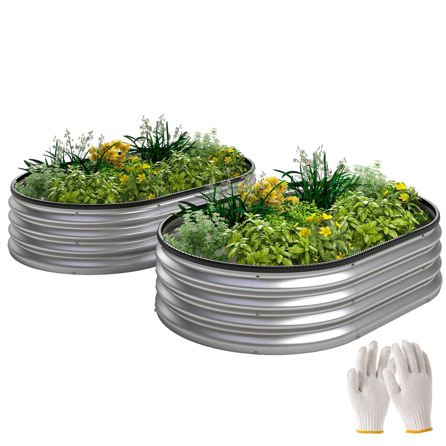 2Pcs Galvanized Raised Garden Bed, 4 x 3 x 1 ft Modular Metal Garden Beds with Rubber Strip Edging, Oval Outdoor Planter Box for Vegetables, Flowers, Herbs, Silver