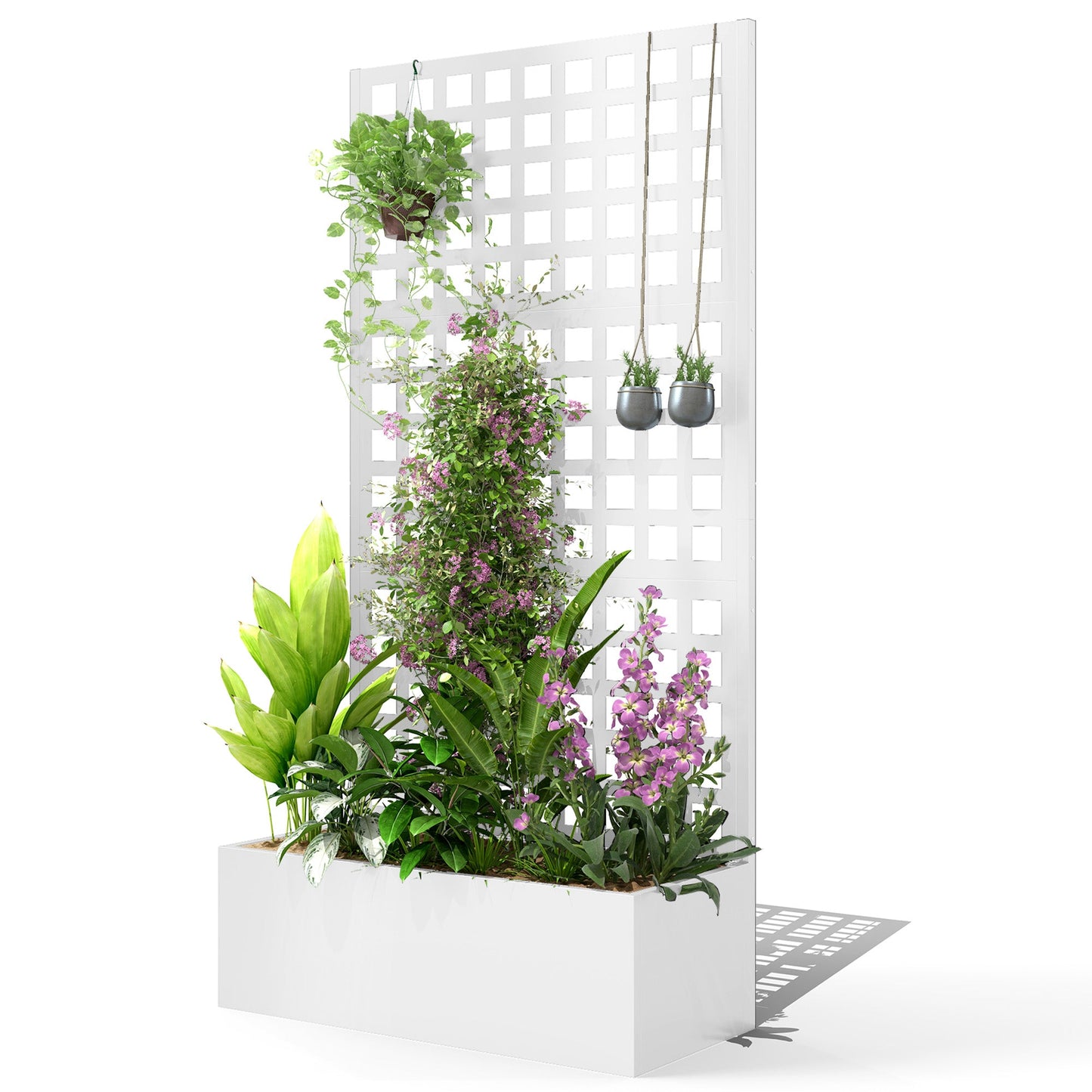 Galvanized Raised Garden Bed with Trellis, 35"x16"x70" Metal Planter Box with Drainage Holes, Outdoor Privacy Screen for Climbing Plant Vegetable Vine, White