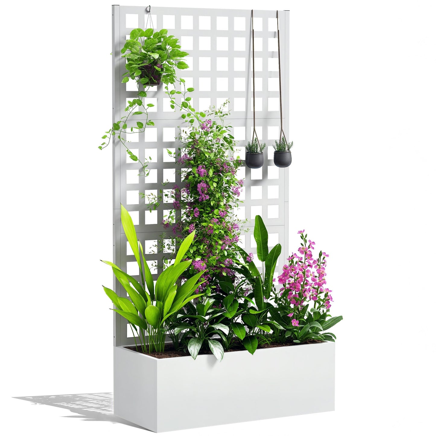 Galvanized Raised Garden Bed with Trellis, 35"x16"x70" Metal Planter Box with Drainage Holes, Outdoor Privacy Screen for Climbing Plant Vegetable Vine, White
