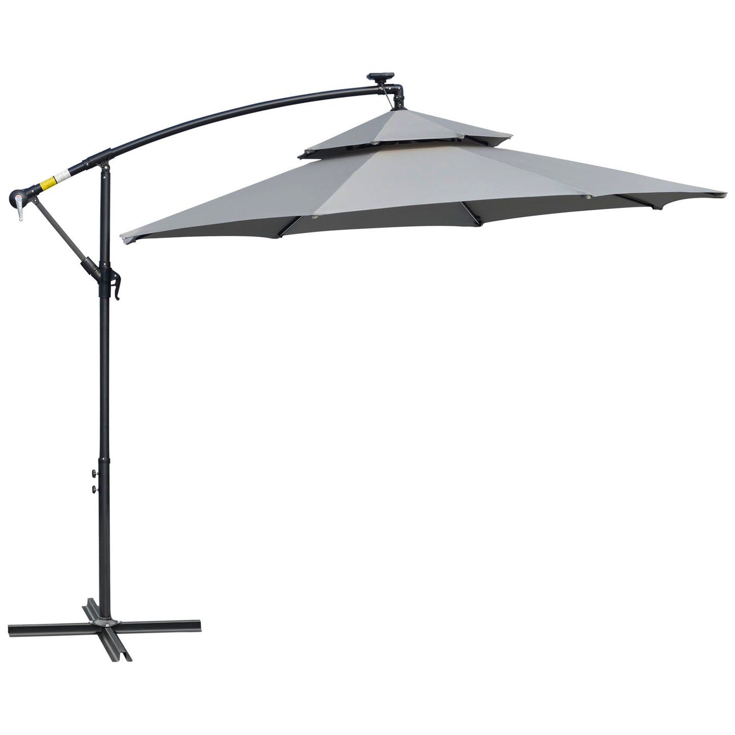 10FT Solar Powered Patio Umbrella, Round Offset Cantilever Umbrella with Crank and Cross Base for Outdoor, Pool and Garden, Hanging Umbrella with LED Lights, Light Grey