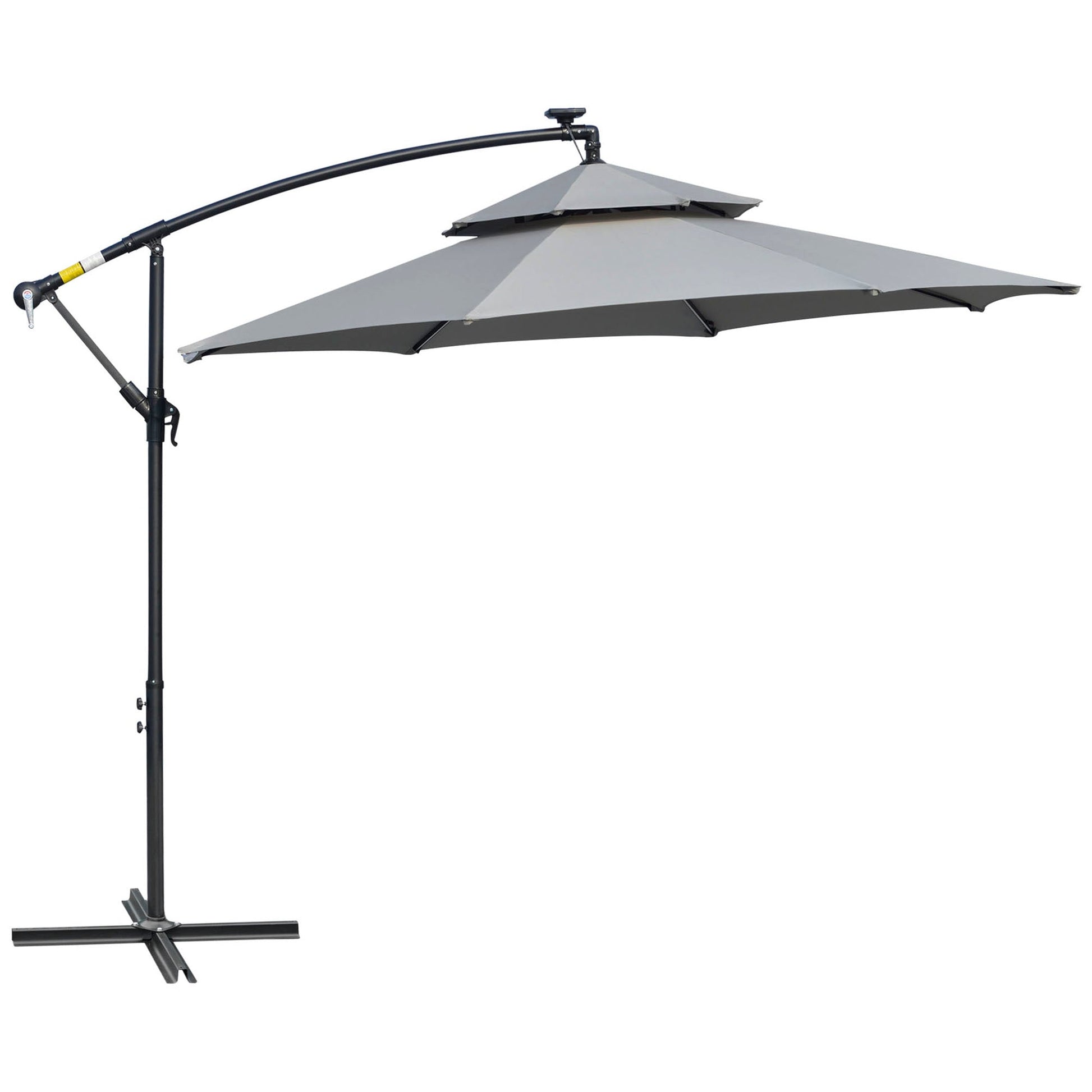 10FT Solar Powered Patio Umbrella, Round Offset Cantilever Umbrella with Crank and Cross Base for Outdoor, Pool and Garden, Hanging Umbrella with LED Lights, Light Grey