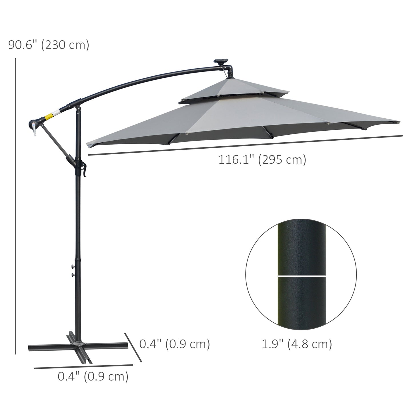 10FT Solar Powered Patio Umbrella, Round Offset Cantilever Umbrella with Crank and Cross Base for Outdoor, Pool and Garden, Hanging Umbrella with LED Lights, Light Grey