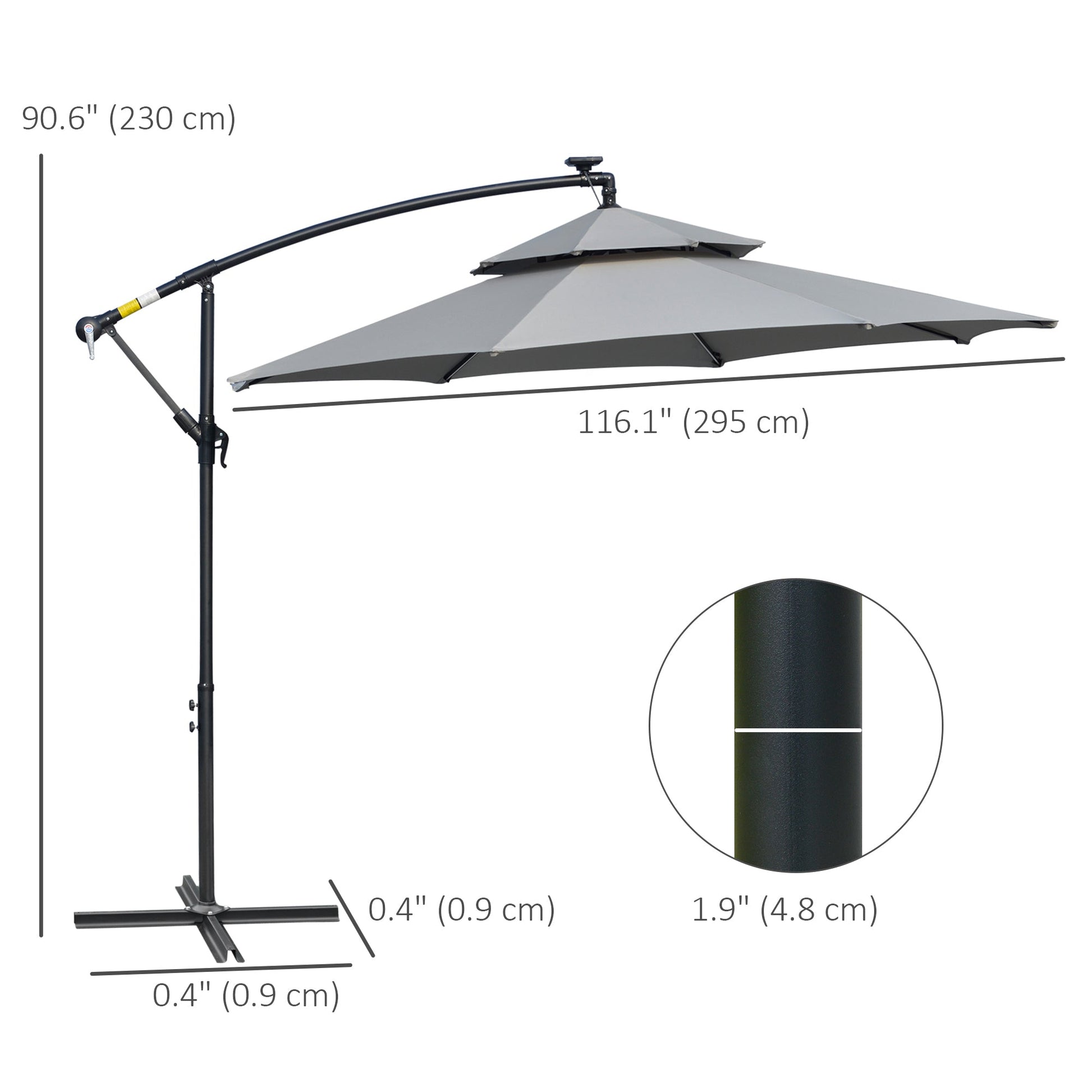10FT Solar Powered Patio Umbrella, Round Offset Cantilever Umbrella with Crank and Cross Base for Outdoor, Pool and Garden, Hanging Umbrella with LED Lights, Light Grey
