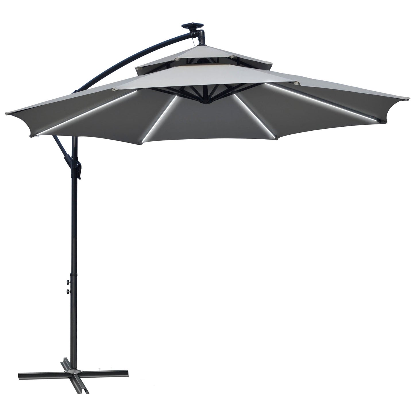 10FT Solar Powered Patio Umbrella, Round Offset Cantilever Umbrella with Crank and Cross Base for Outdoor, Pool and Garden, Hanging Umbrella with LED Lights, Light Grey