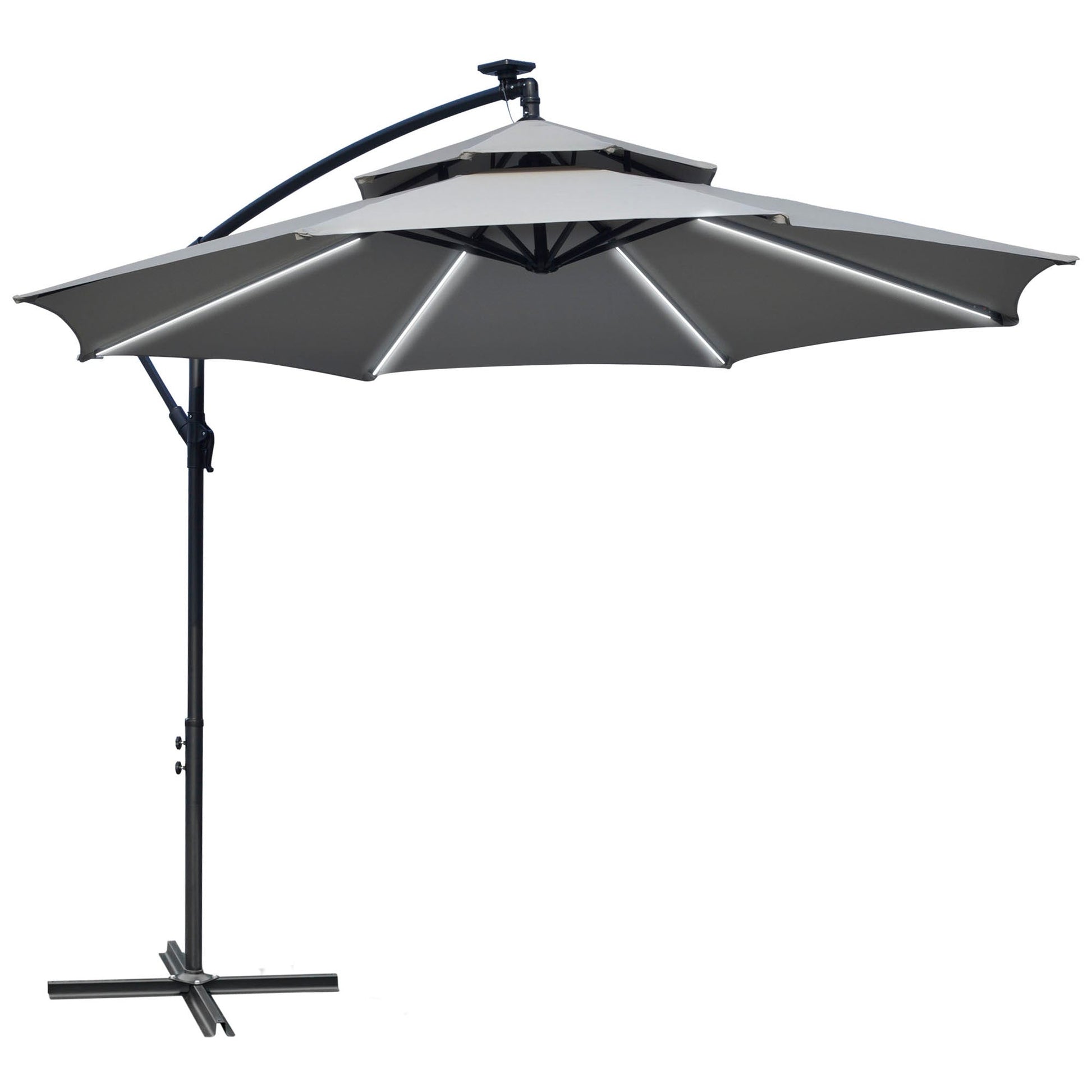 10FT Solar Powered Patio Umbrella, Round Offset Cantilever Umbrella with Crank and Cross Base for Outdoor, Pool and Garden, Hanging Umbrella with LED Lights, Light Grey